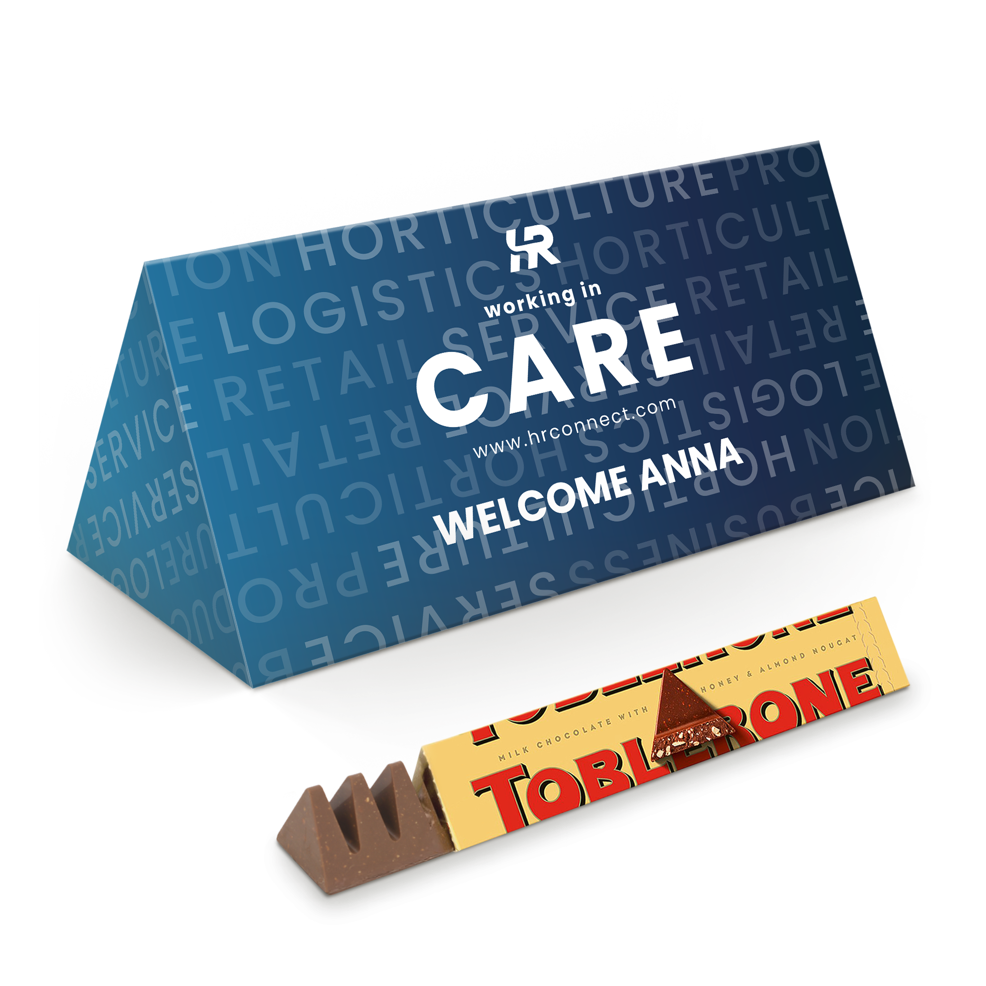 Personalised XL Toblerone Selection chocolate bar with Welcome Anna printed on the blue wrapper