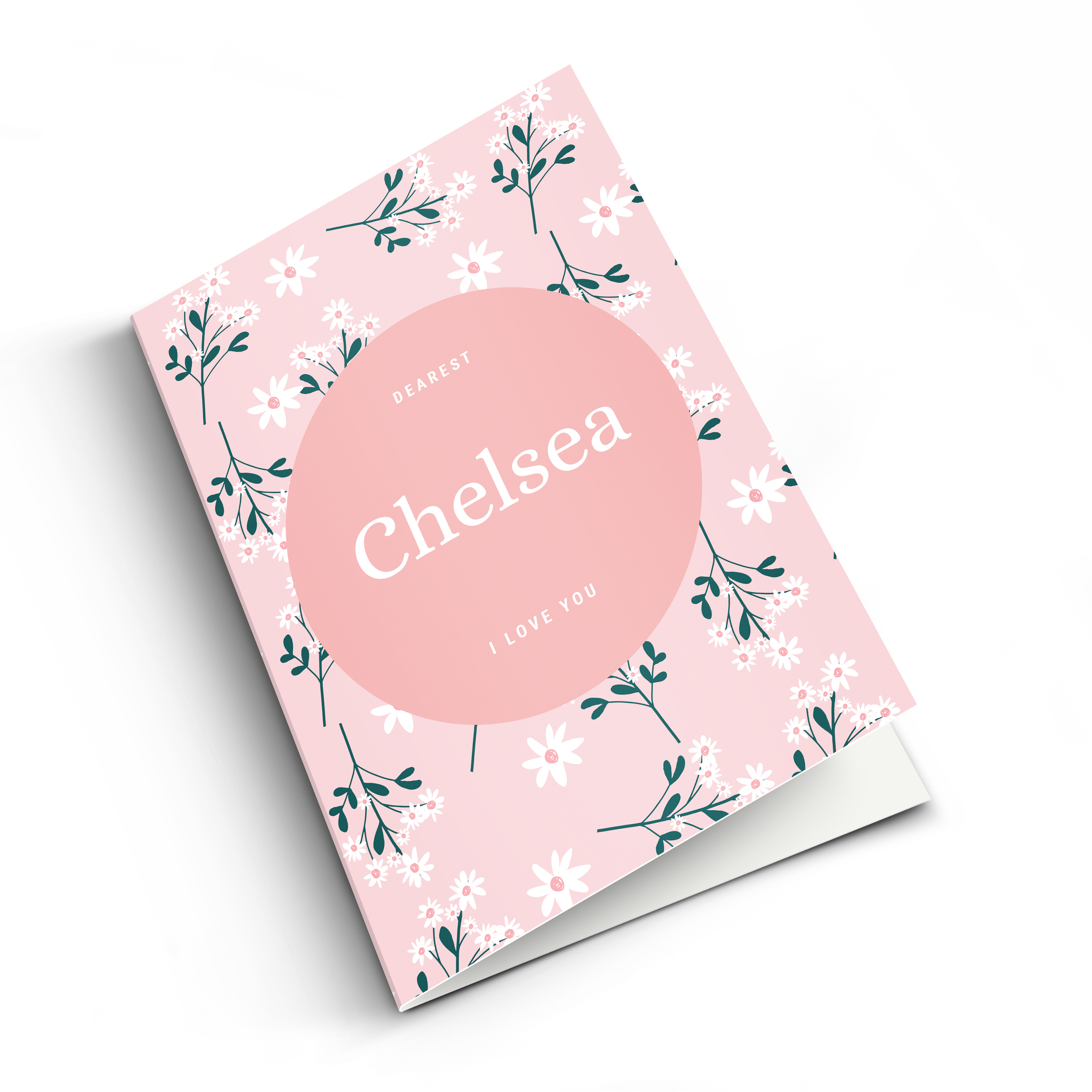 Biglietto fotografico personalizzato rosa con margherite, nome Chelsea e testo I love you