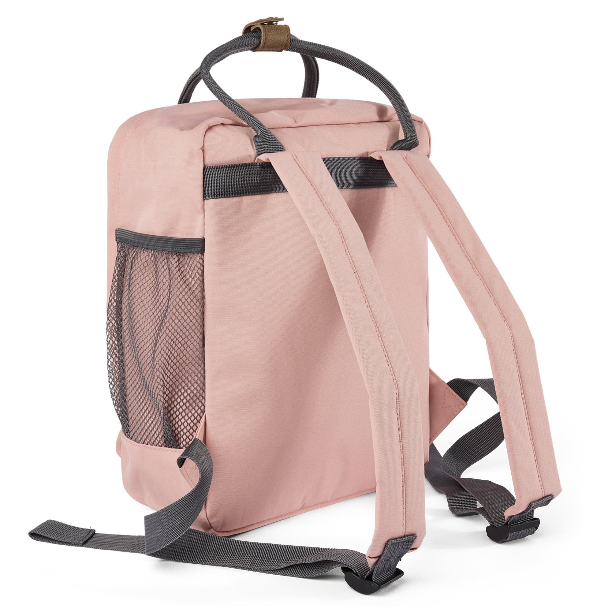 Zainetto per bambini personalizzato rosa con spallacci grigi, tasca laterale in rete e maniglia superiore