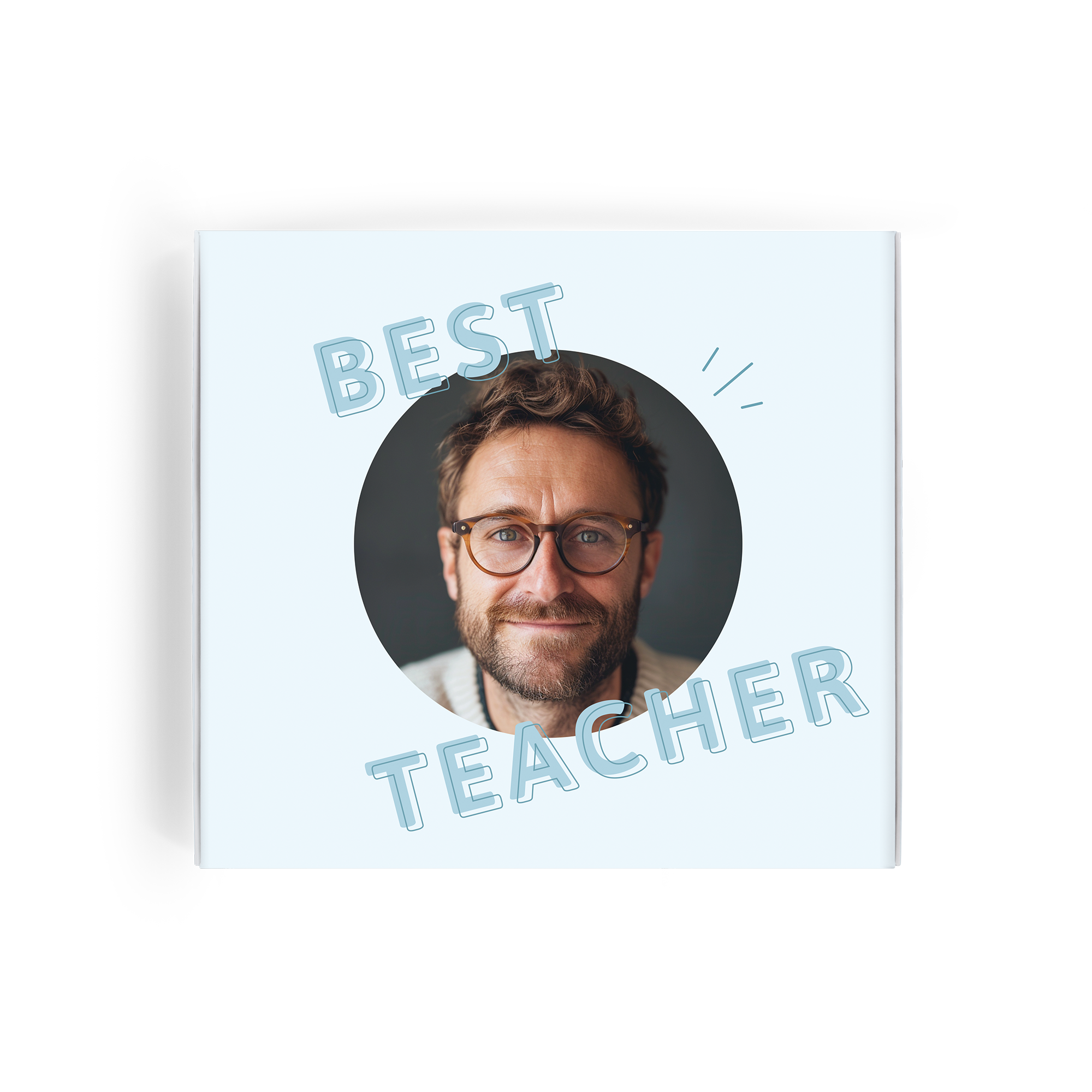 Personalizovaná dárková krabička Milka pro učitele s vytištěnou fotografií muže a nápisem BEST TEACHER