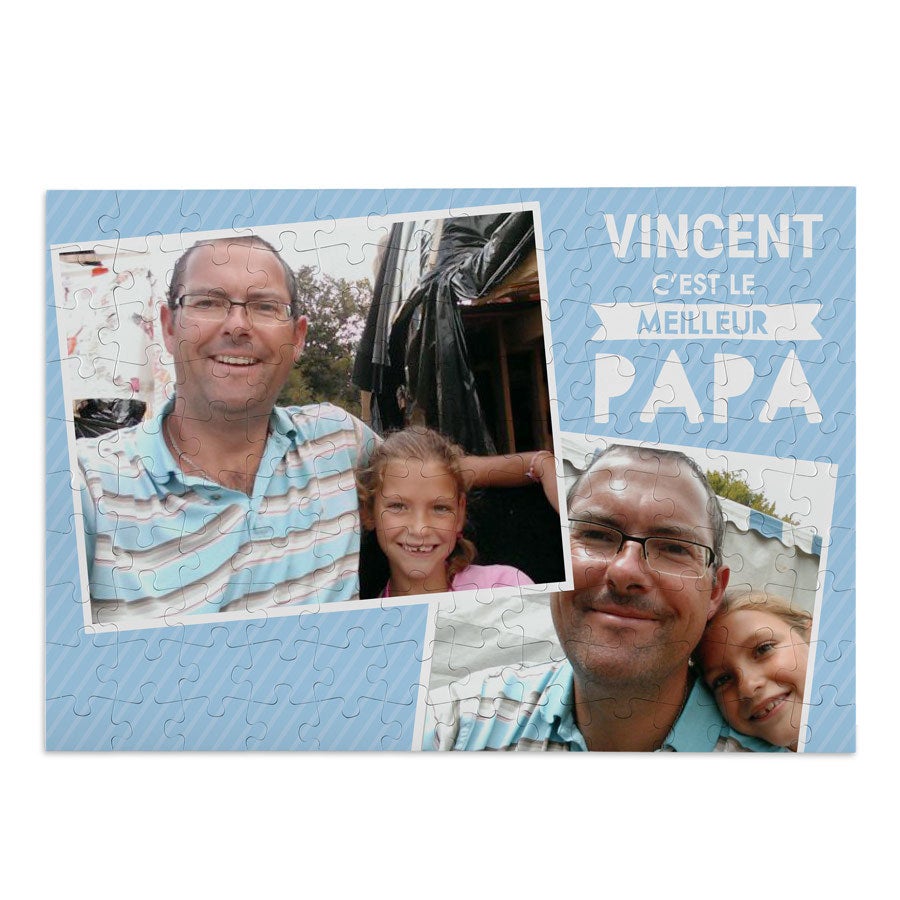 Puzzle personnalisé pour la Fête des Pères imprimé avec deux photos de père et fille et le texte Vincent cest le meilleur papa