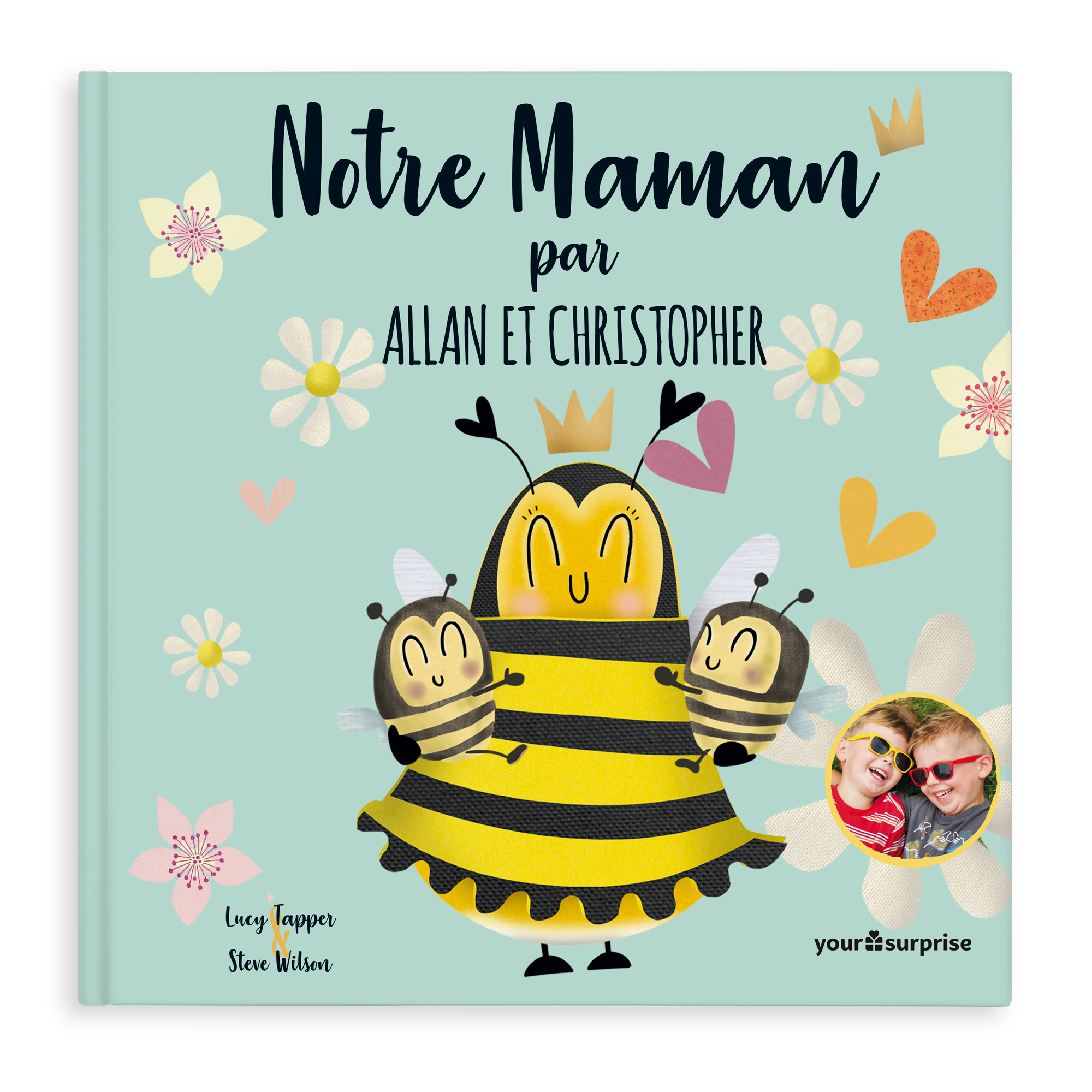 Livre personnalisé pour maman avec des abeilles, la couverture imprimée avec les prénoms Allan et Christopher et la photo de deux enfants, idéal pour montrer à quel point ta maman compte pour toi