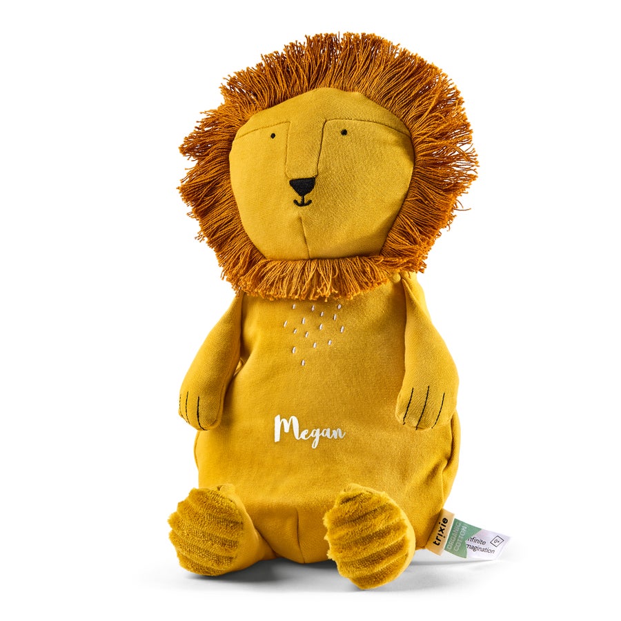 Personalizirana ljubka igrača lev, Trixie, z imenom Megan, natisnjenim na trebuhu, idealna za presenetite malčke.