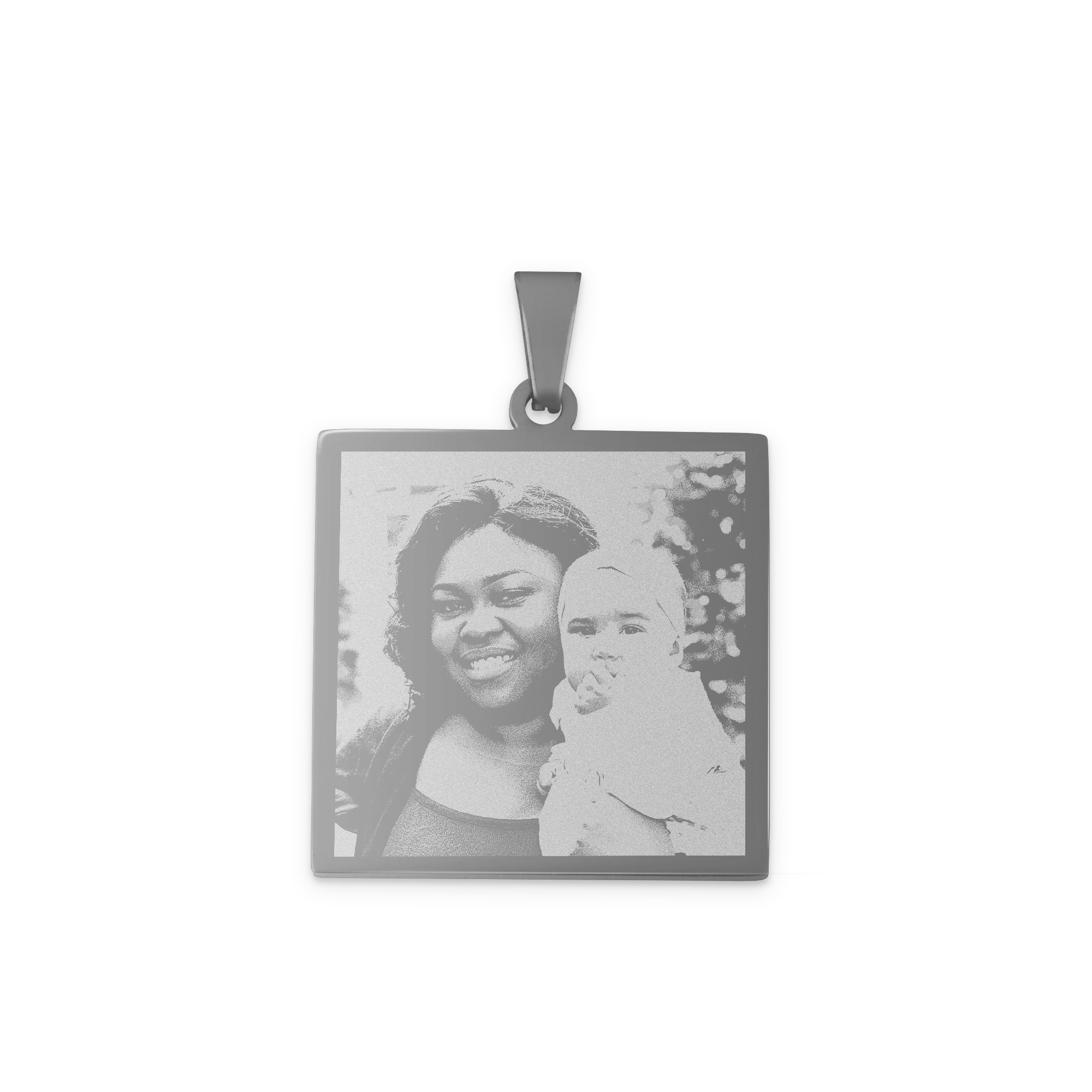 Colgante de rodio cuadrado grabado con foto de una mujer y un bebé, personalizable con foto y texto.