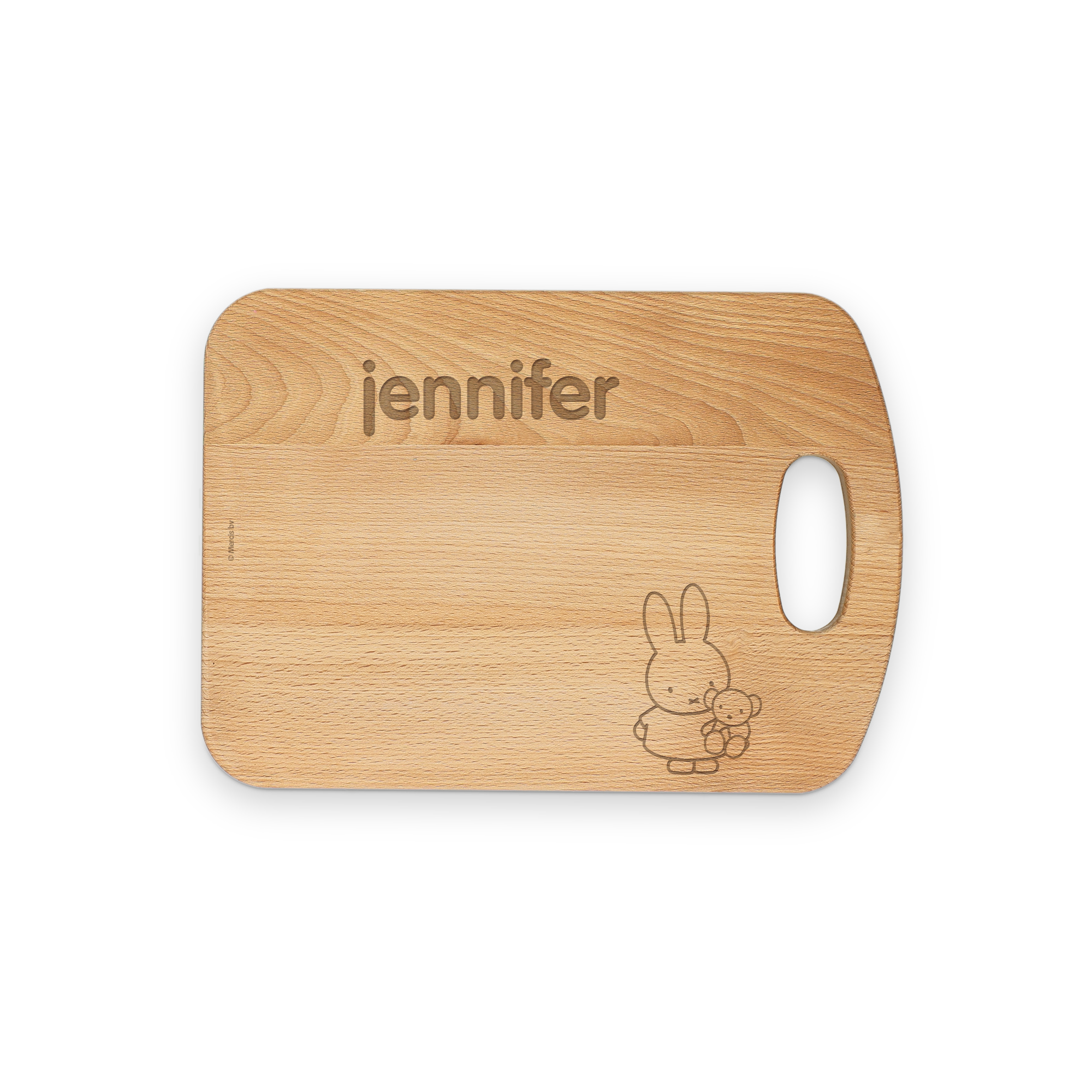 Personlig träbrödskiva graverad med namnet "Jennifer" och en bild av Miffy och en nallebjörn.