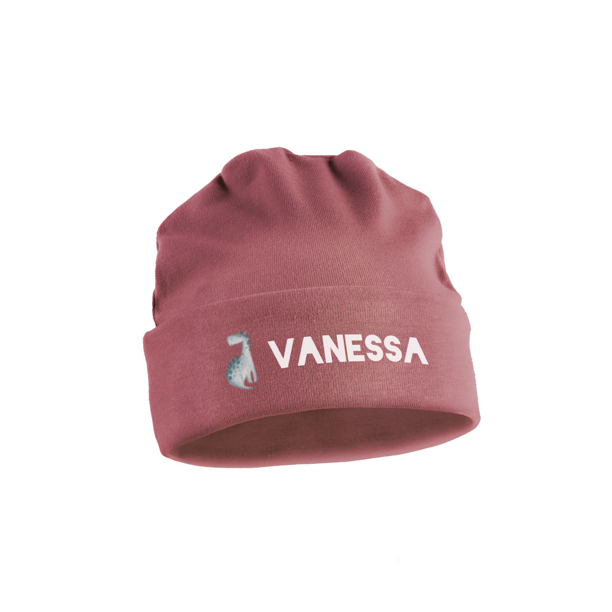Rosa Babymütze bedruckt mit dem Namen VANESSA und einem blauen Dinosaurier-Design
