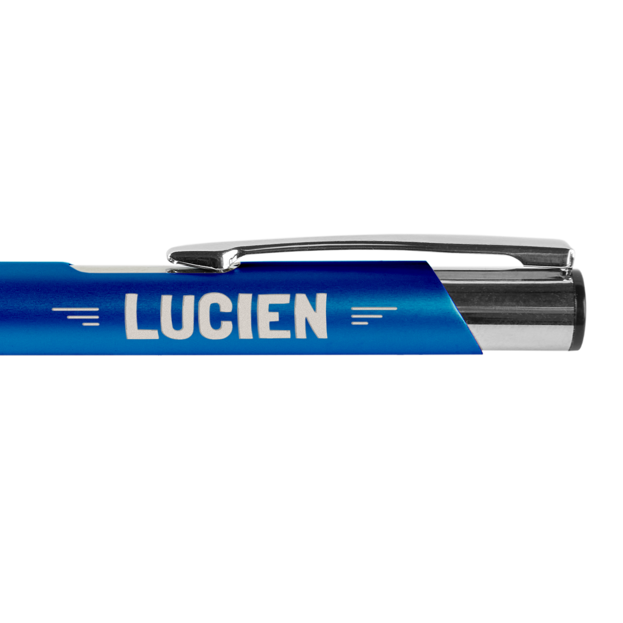 Stylo unique bleu, gravé du prénom Lucien, personnalisable avec prénom date ou texte.