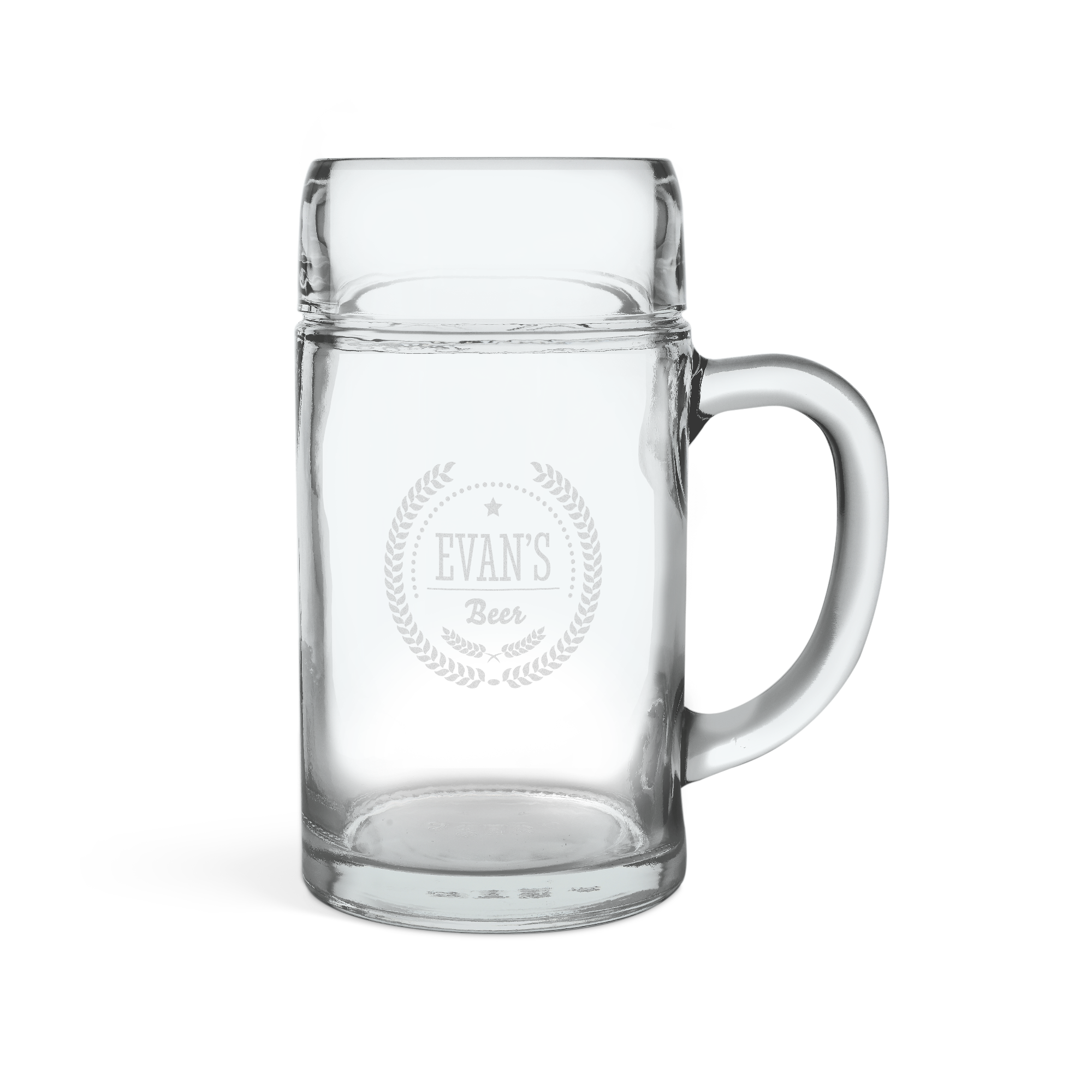 Bicchiere da birra personalizzato da 1L in vetro inciso con la scritta "Evan's Beer" e una stella, circondata da ghirlande di alloro. Brindiamo alla bella vita con questo bicchiere da birra personalizzato da 1L!