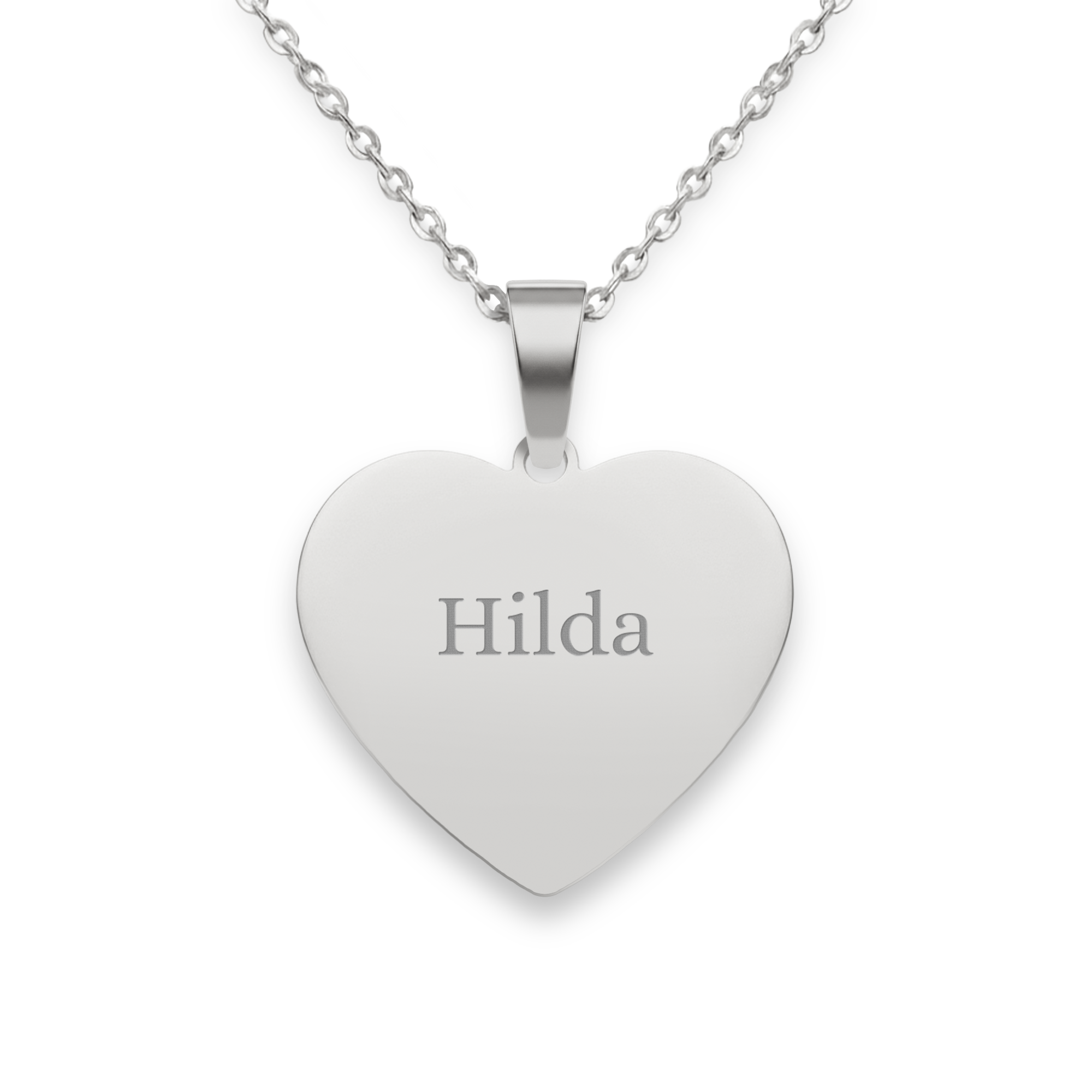Halsband hjärthänge med text - Silver, graverat med namnet Hilda. Anpassningsbart silverhalsband med personlig gravyr.