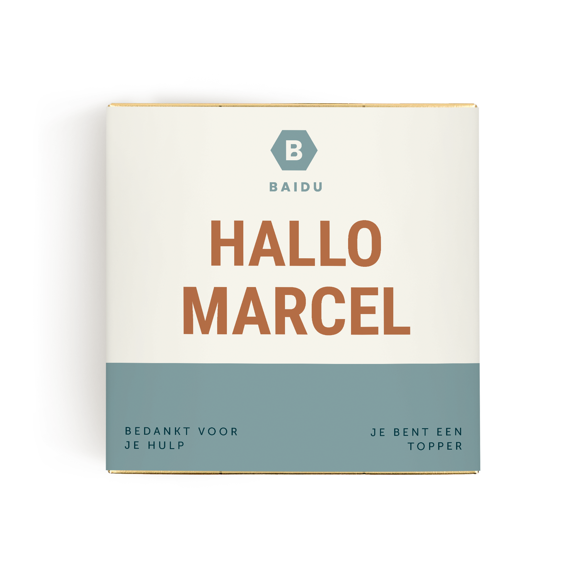 Wit gepersonaliseerd Ferrero Rocher cadeau met de tekst Hallo Marcel, gedrukt met een blauwe achtergrond en de woorden Bedankt voor je hulp en Je bent een topper.