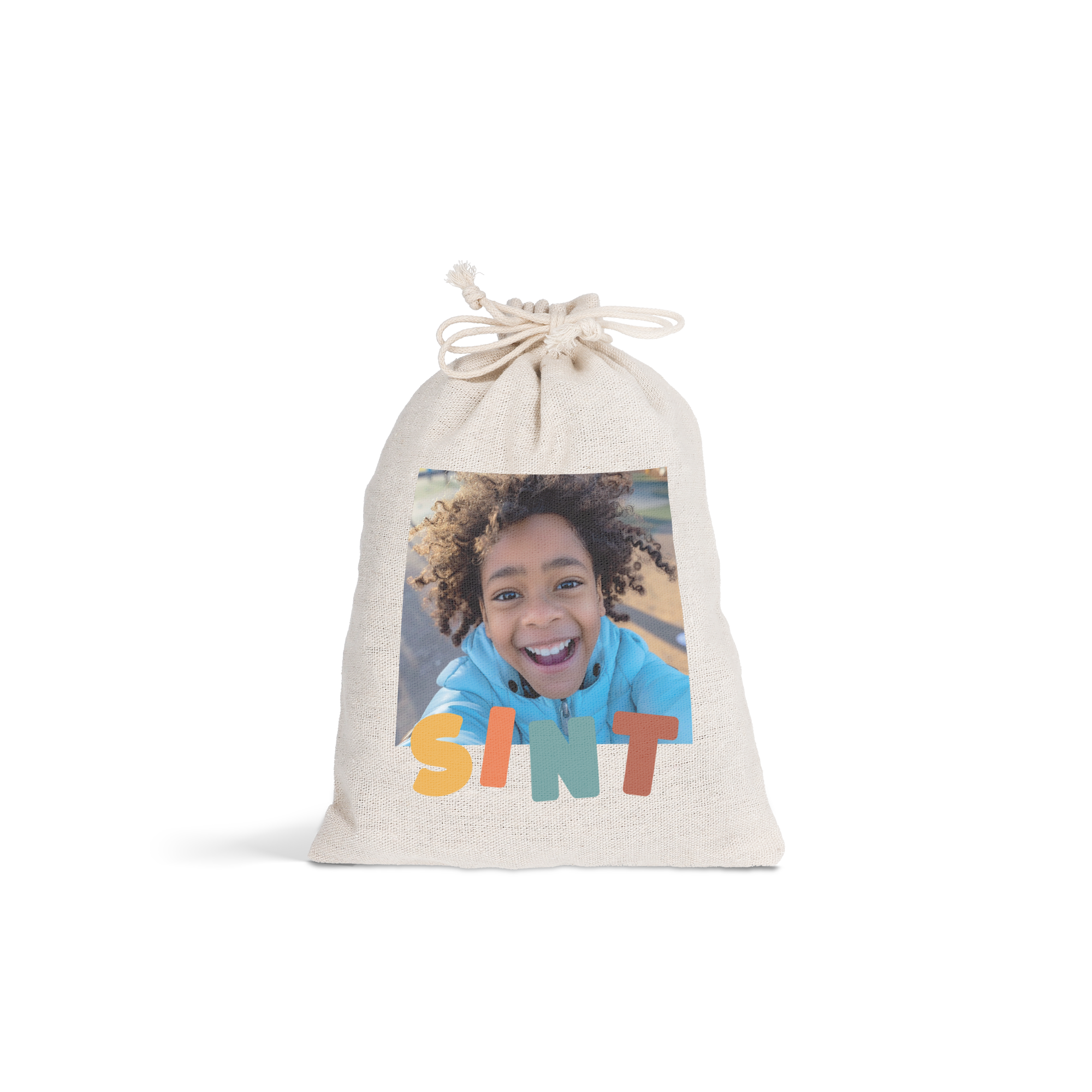 Gepersonaliseerd katoenen Sinterklaas zakje bedrukt met een vrolijke foto van een kind en de tekst SINT.