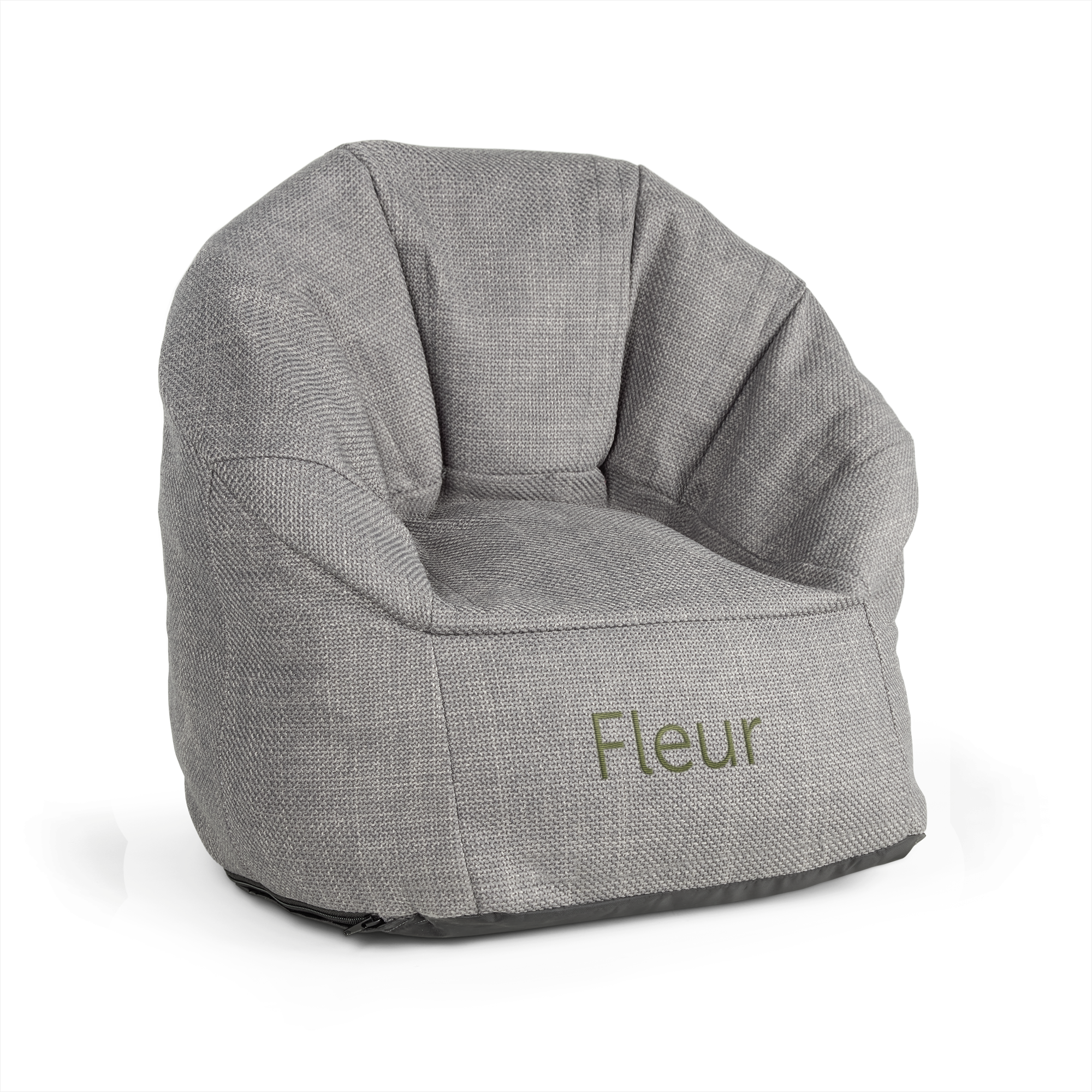 Grijze kinderfauteuil geborduurd met de naam Fleur, ideaal als hippe kinderstoel