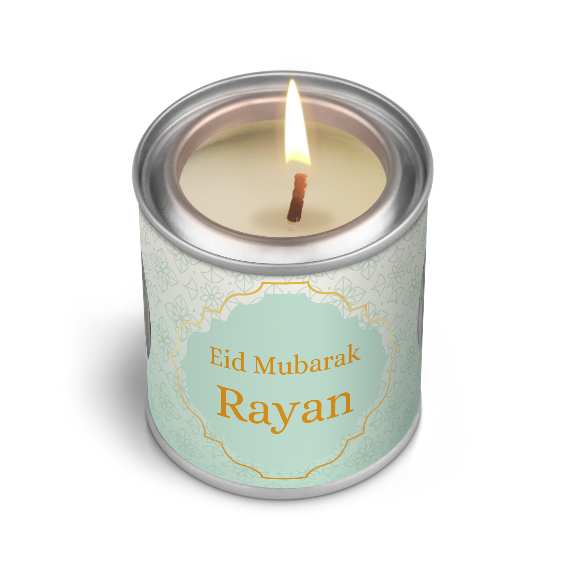 Vela personalizada com aroma de baunilha em lata, com "Eid Mubarak Rayan" impresso na etiqueta