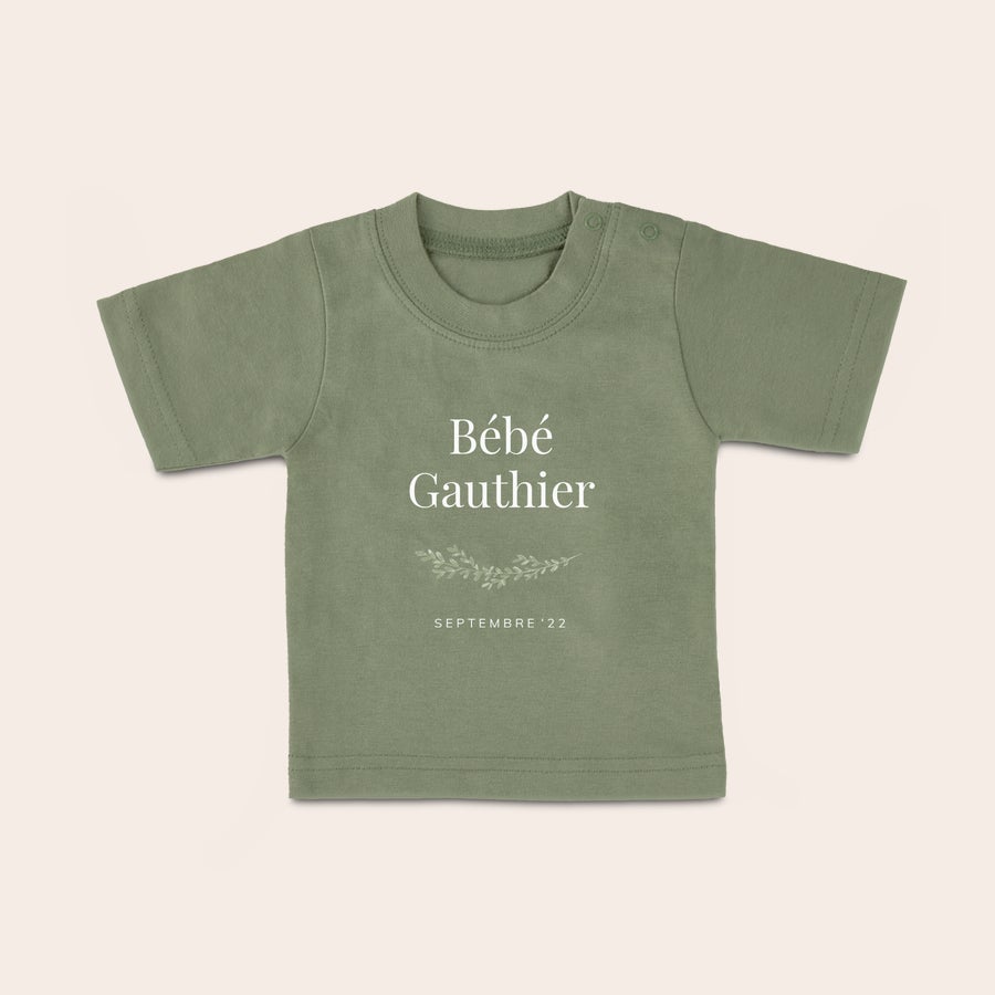 T shirt bébé personnalisé T-shirt bébé vert olive personnalisé avec texte imprimé Bébé Gauthier et date