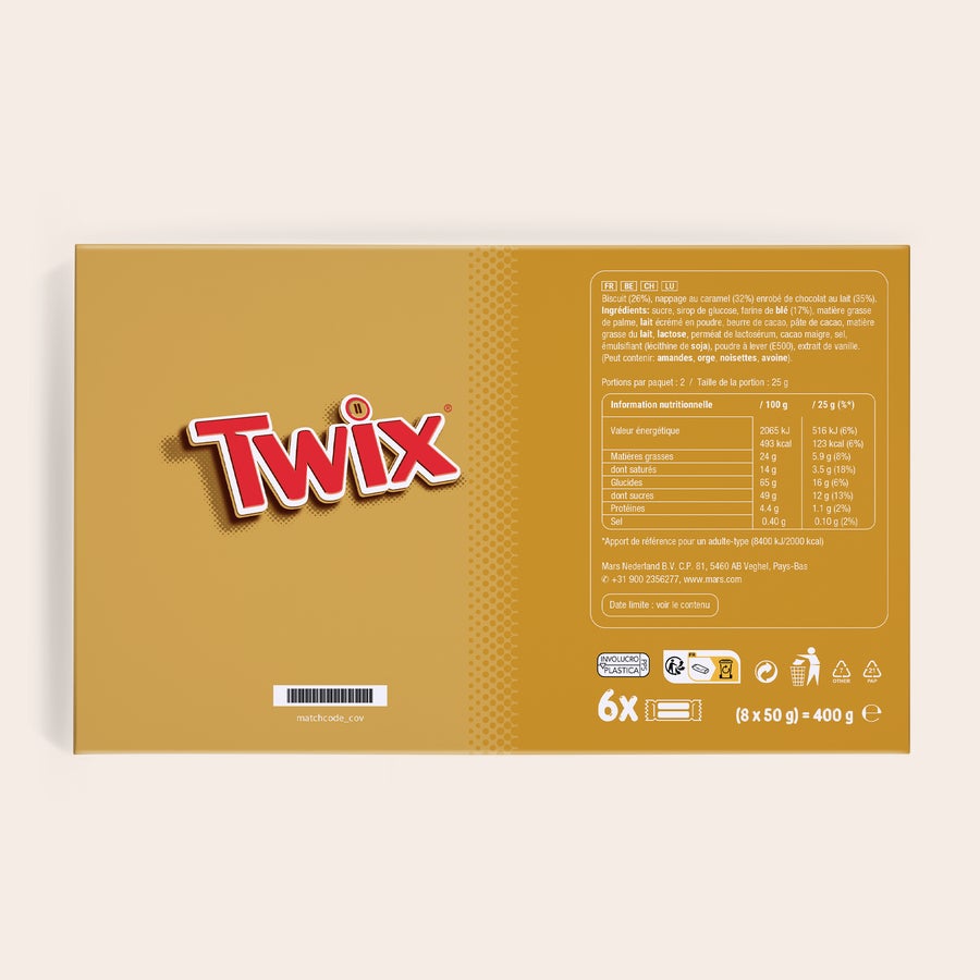 Méga barre Twix personnalisée Boîte cadeau Twix personnalisée, affichant le logo Twix et un design standard pour ce coffret.