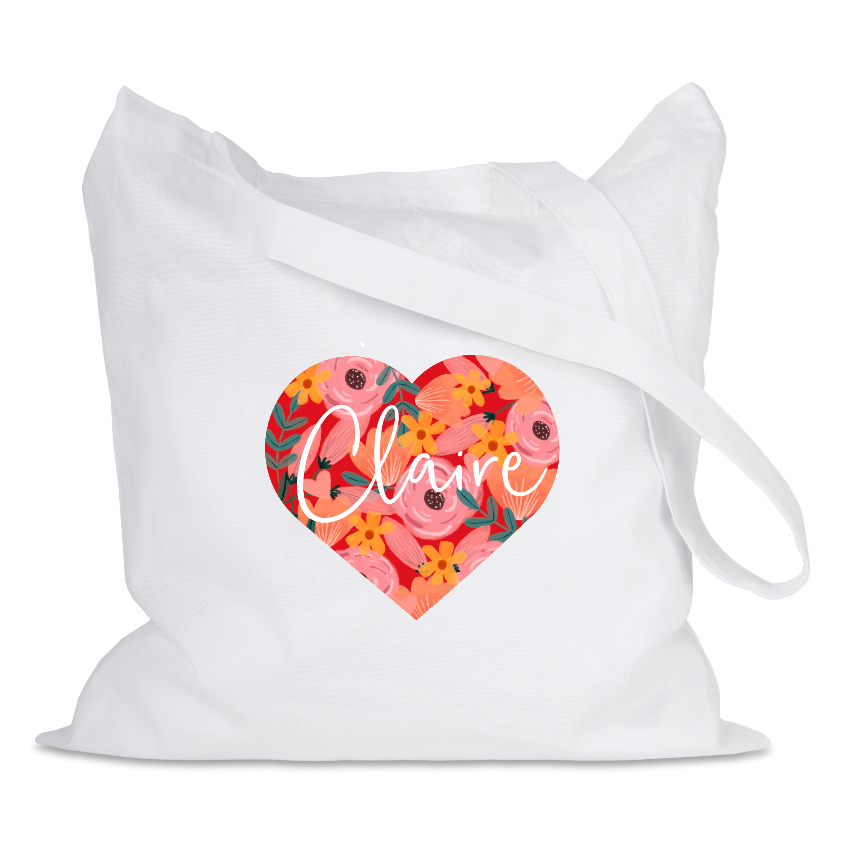 Tote bag personnalisé en coton bio blanc, imprimé d'un cœur fleuri rouge avec le prénom Claire.