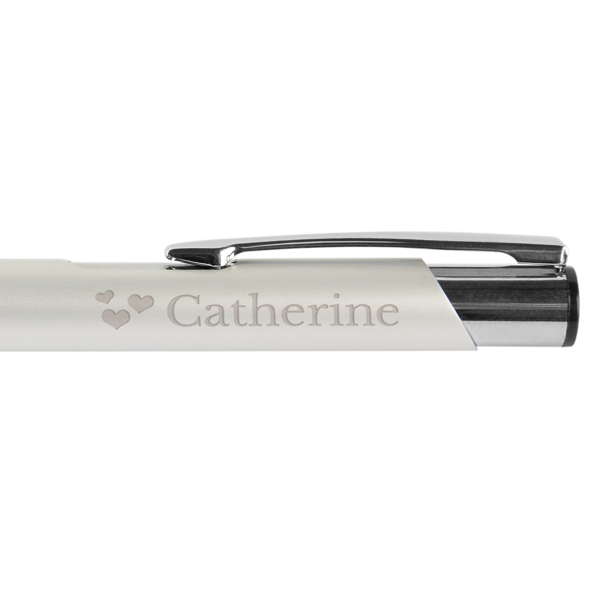 Silver custom viva pen engraved with the name Catherine and three hearts