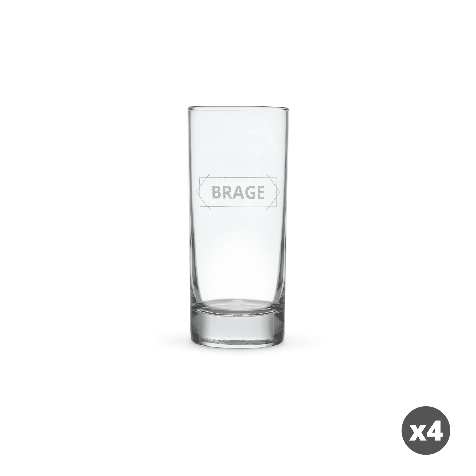 Gjennomsiktig longdrinkglass gravert med navnet BRAGE og ramme, ideelt for personlig gave.
