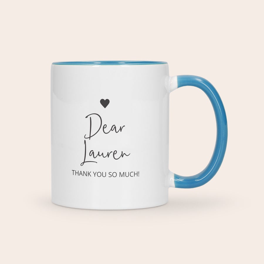 Caneca colorida Personalizada Caneca personalizada branca e azul com a frase Dear Lauren Thank You So Much e um coração, ideal para oferecer a um amante de café.