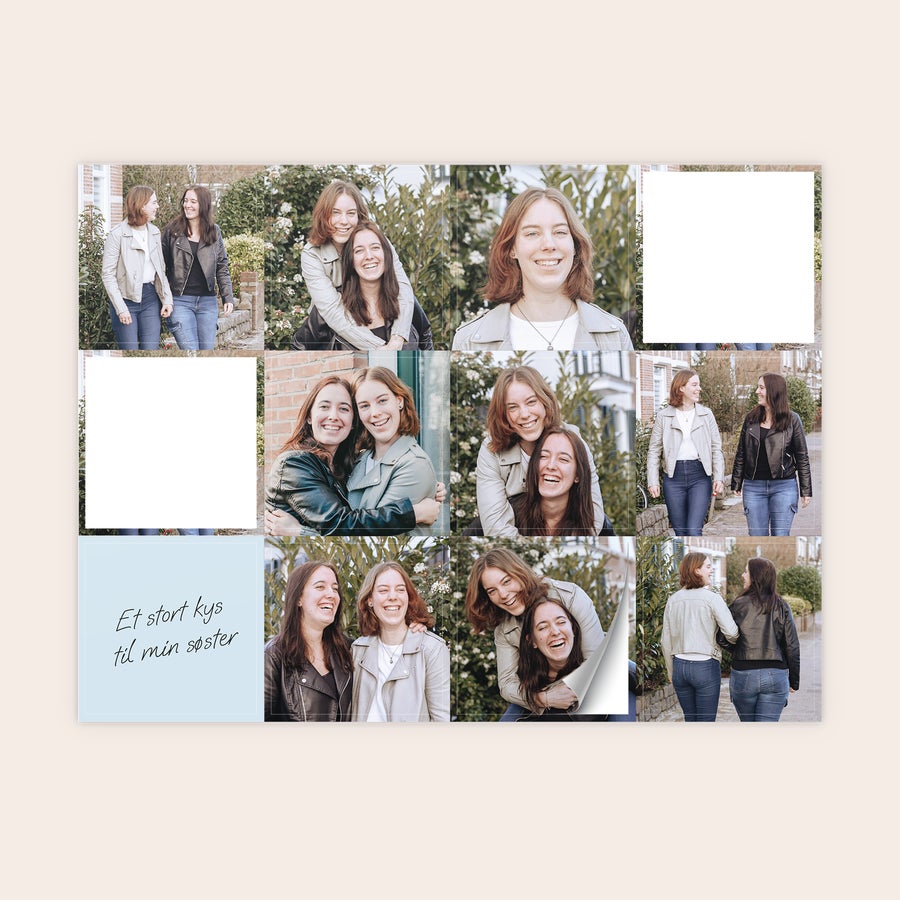 Klistermærker med print Personlige klistermærker med print af en collage af fotos af to kvinder og teksten Et stort kys til min søster