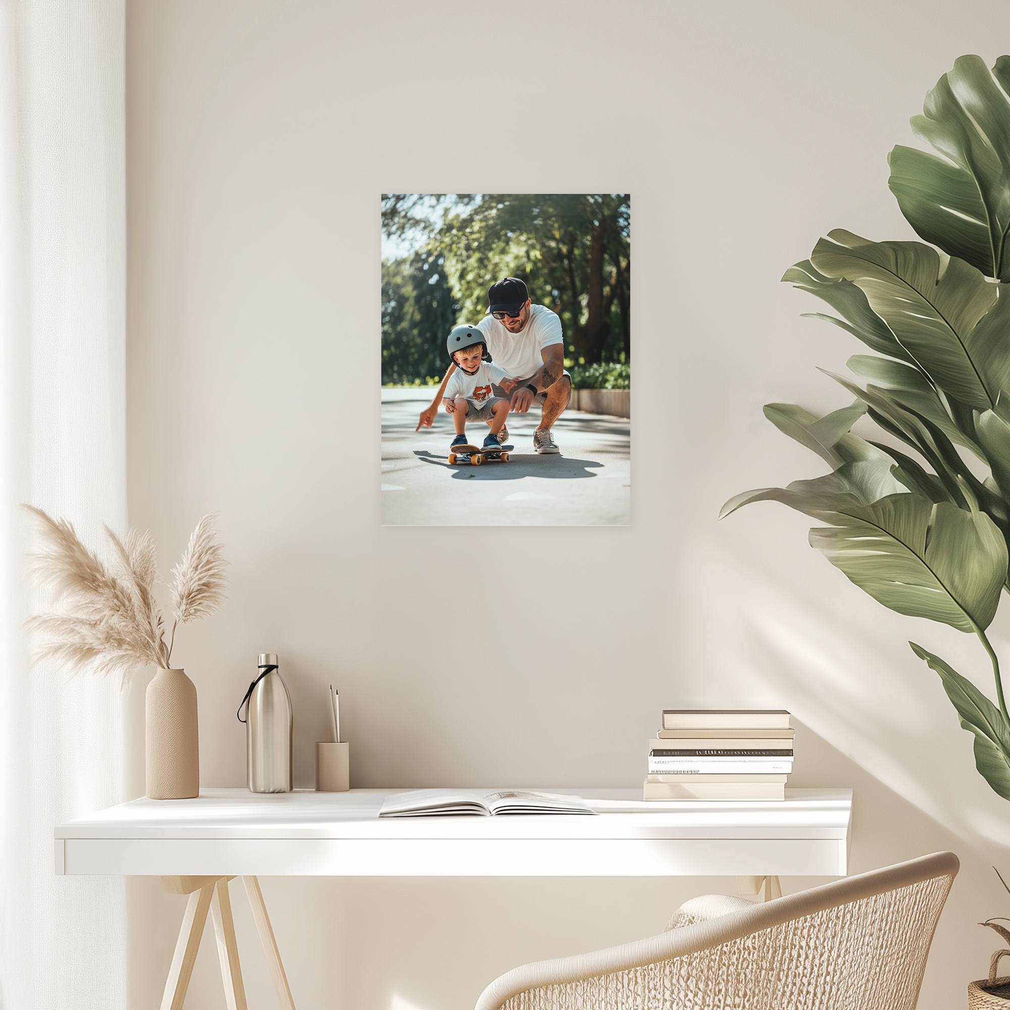 Personalisiertes Fotoposter mit Vater und Kind beim Skateboardfahren gedruckt. Genieße von deinen schönsten Momente auf einzigartige Weise, dein Foto als Poster!