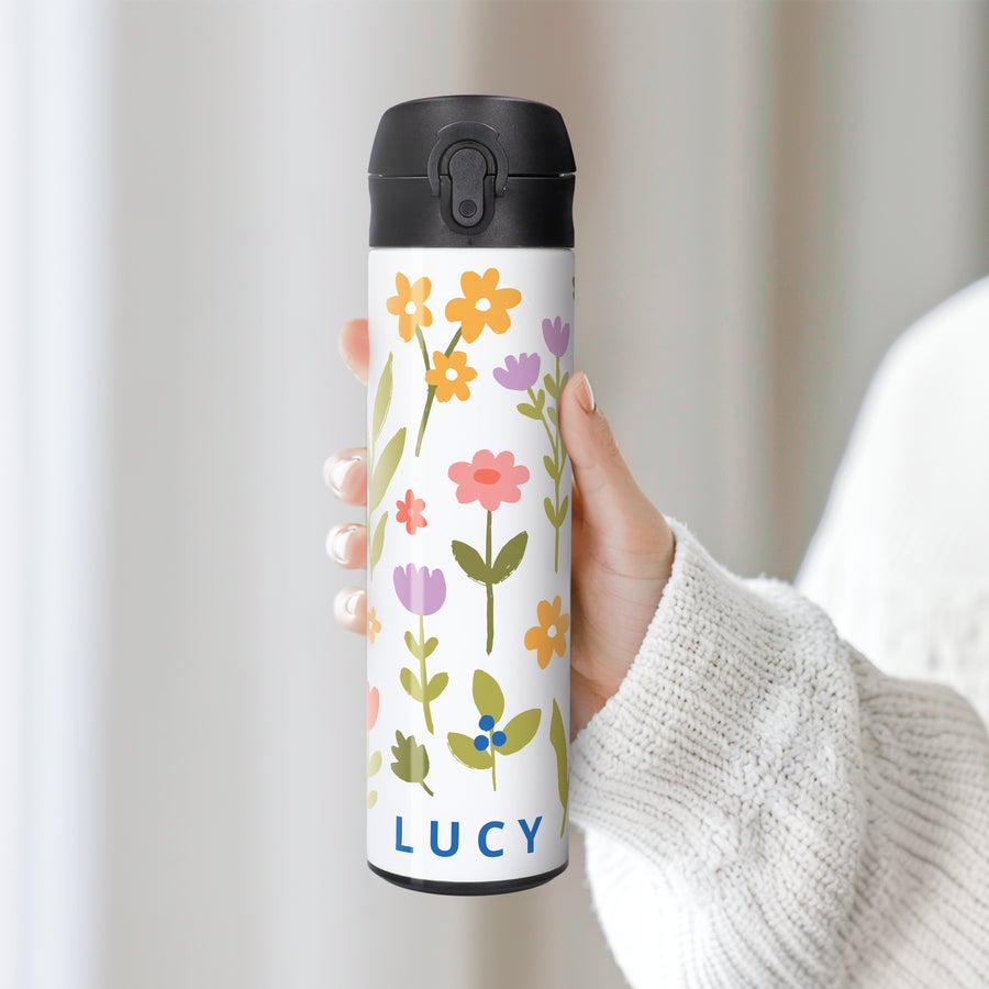 Termikus üveg nyomtatott Kézben tartott luxus vizes palack virágmintával és Lucy névvel nyomtatva