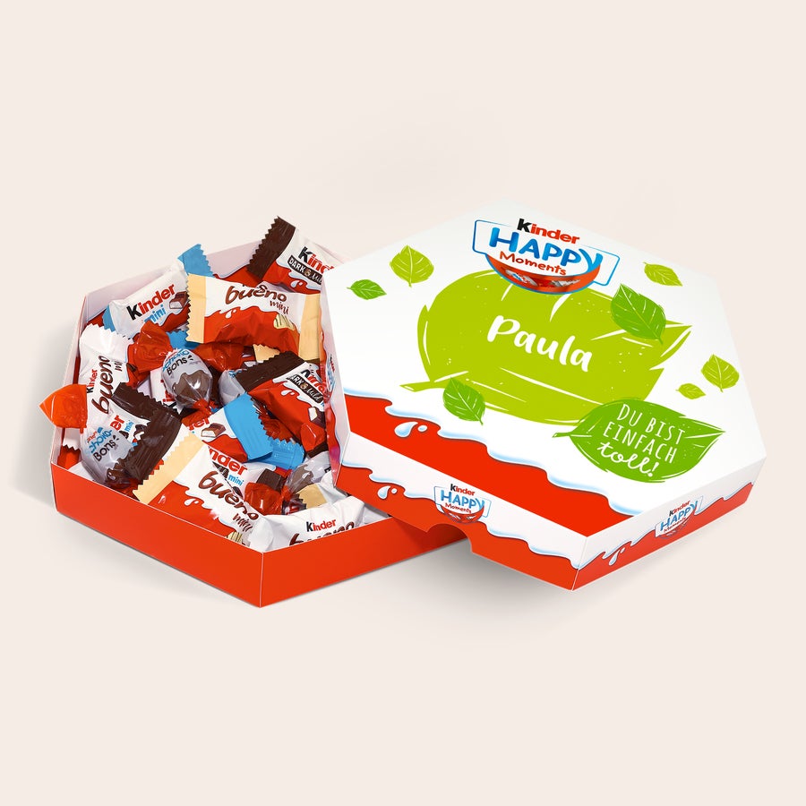 kinder Happy Moments selbst gestalten kinder Happy Moments personalisiert mit Namen Paula auf der bedruckten Box voller Schokoriegel.
