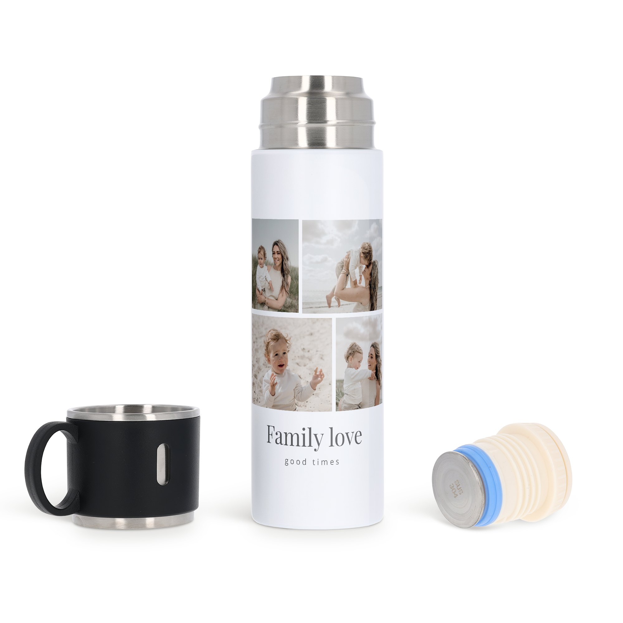 Borraccia personalizzata da 500 ml bianca con tazza nera. Stampa con collage di foto di famiglia e testo Family love