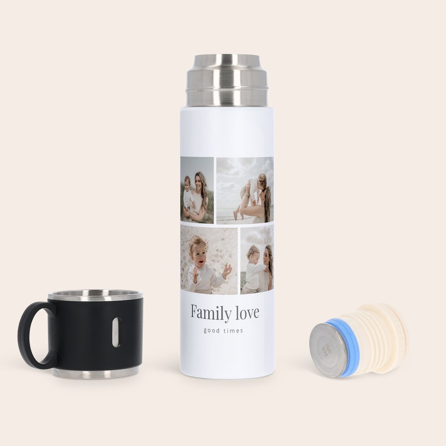 Flaška s skodelico - personalizirana Bela 500 ml personalizirana steklenica s skodelico, potiskana s kolažem štirih družinskih fotografij in napisom Family love good times