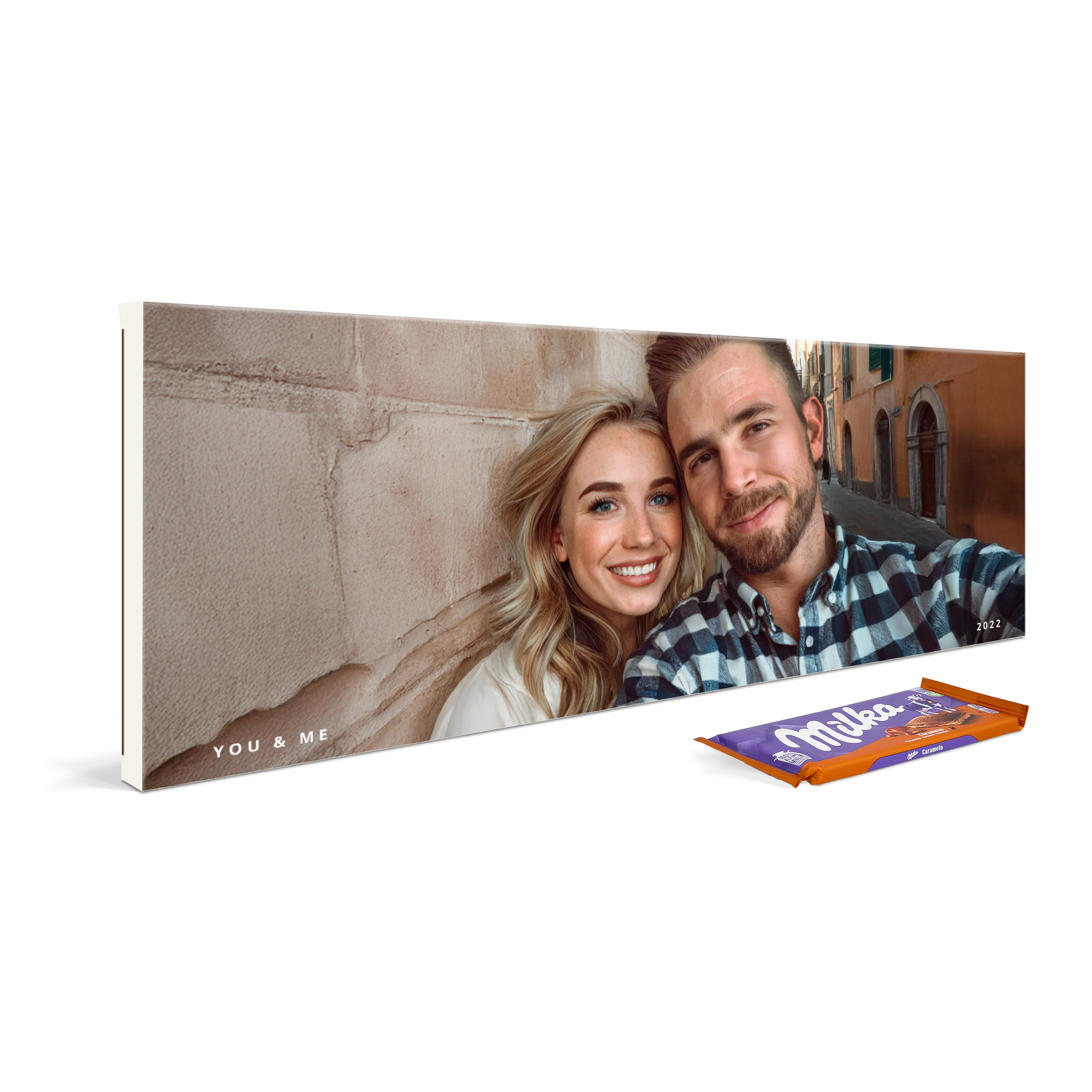 Personlig XXL chokladkaka - Fylld med Milka - 12 barer med eget foto och texten 