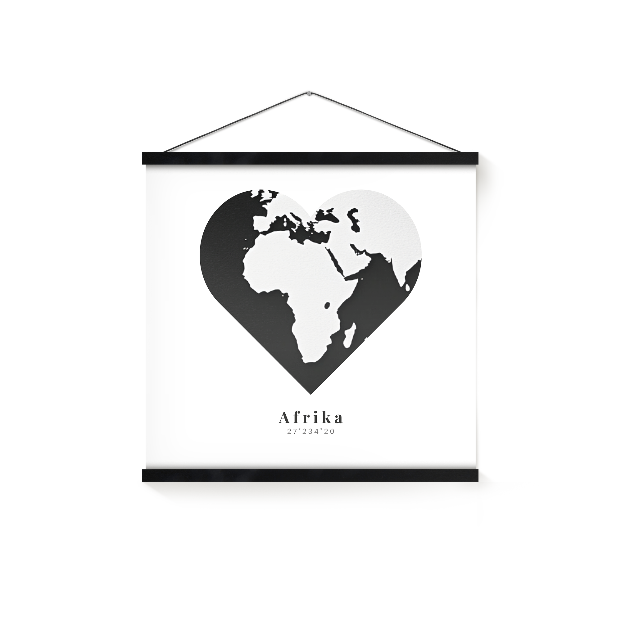 Poster da appendere con mappa dell'Africa a forma di cuore, personalizzabile con una foto, nome e le coordinate geografiche 27°23'4°20, stampato su carta premium con finitura satinata e aste in legno di quercia nera
