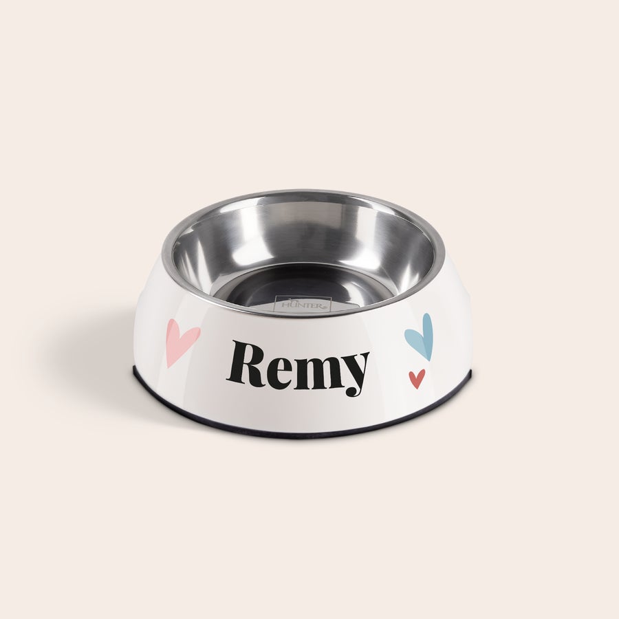 Gamelle pour chat personnalisé Gamelle personnalisée pour chat avec le nom Remy imprimé et des coeurs roses et bleus