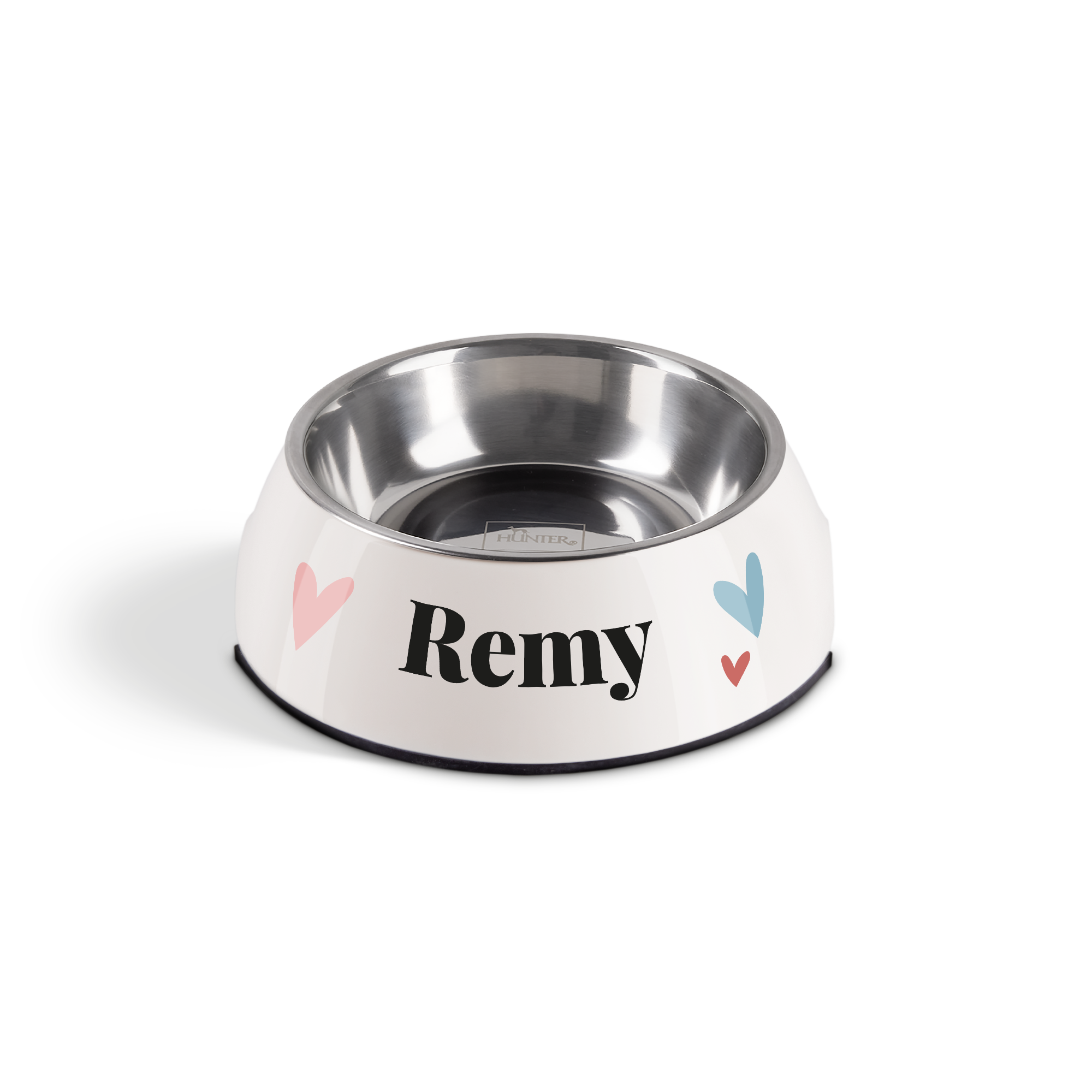Gamelle personnalisée pour chat avec le nom Remy imprimé et des coeurs roses et bleus