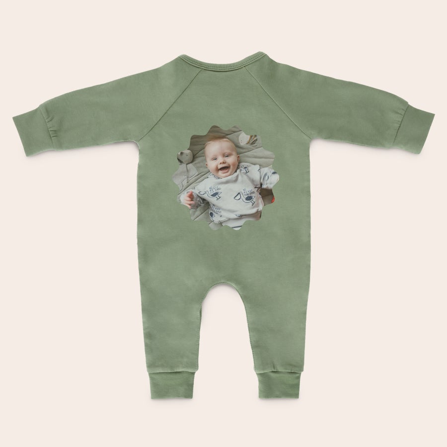Baby Playsuit - Printed Green personalized babygrow printed with a photo of a happy baby stretching and kicking those chubby legs