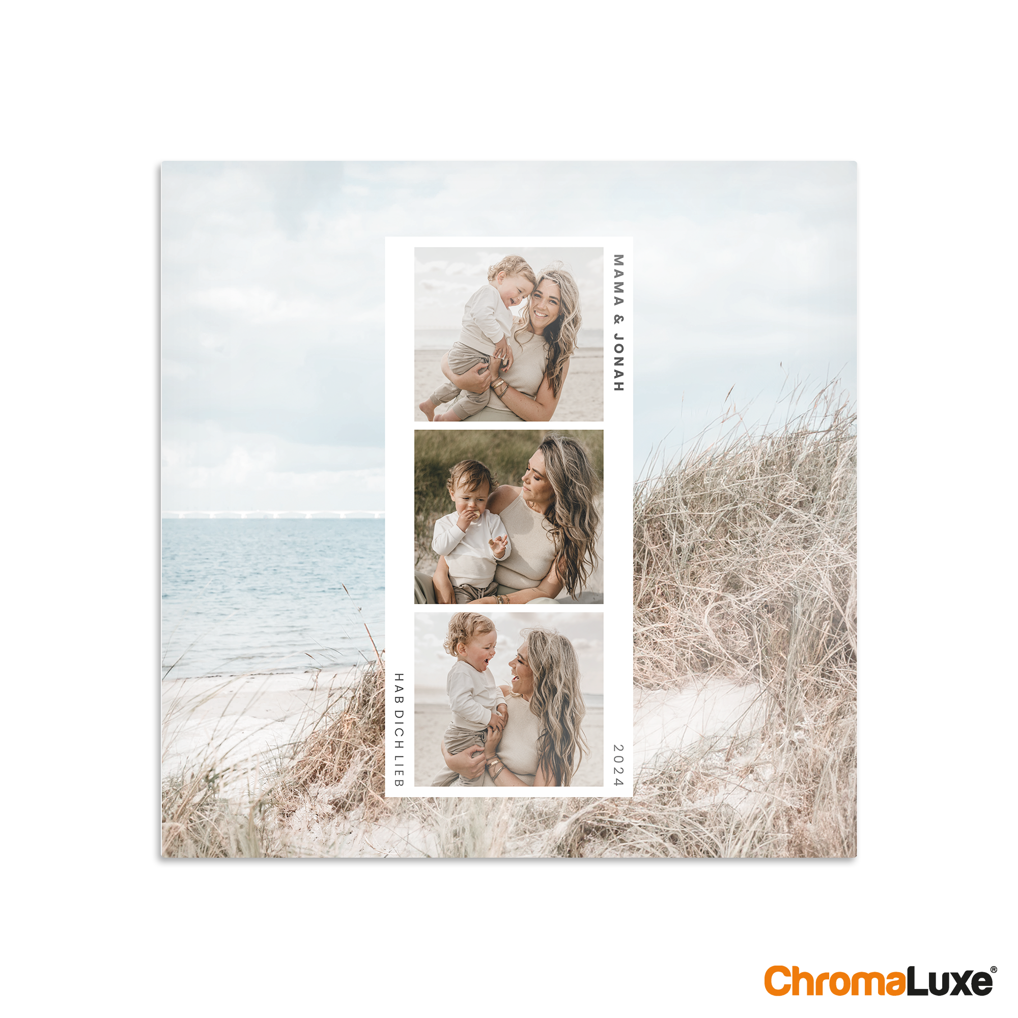 Fototafel mit drei personalisierten Fotos von Mutter und Kind und Text Mama & Jonah Hab Dich Lieb 2024