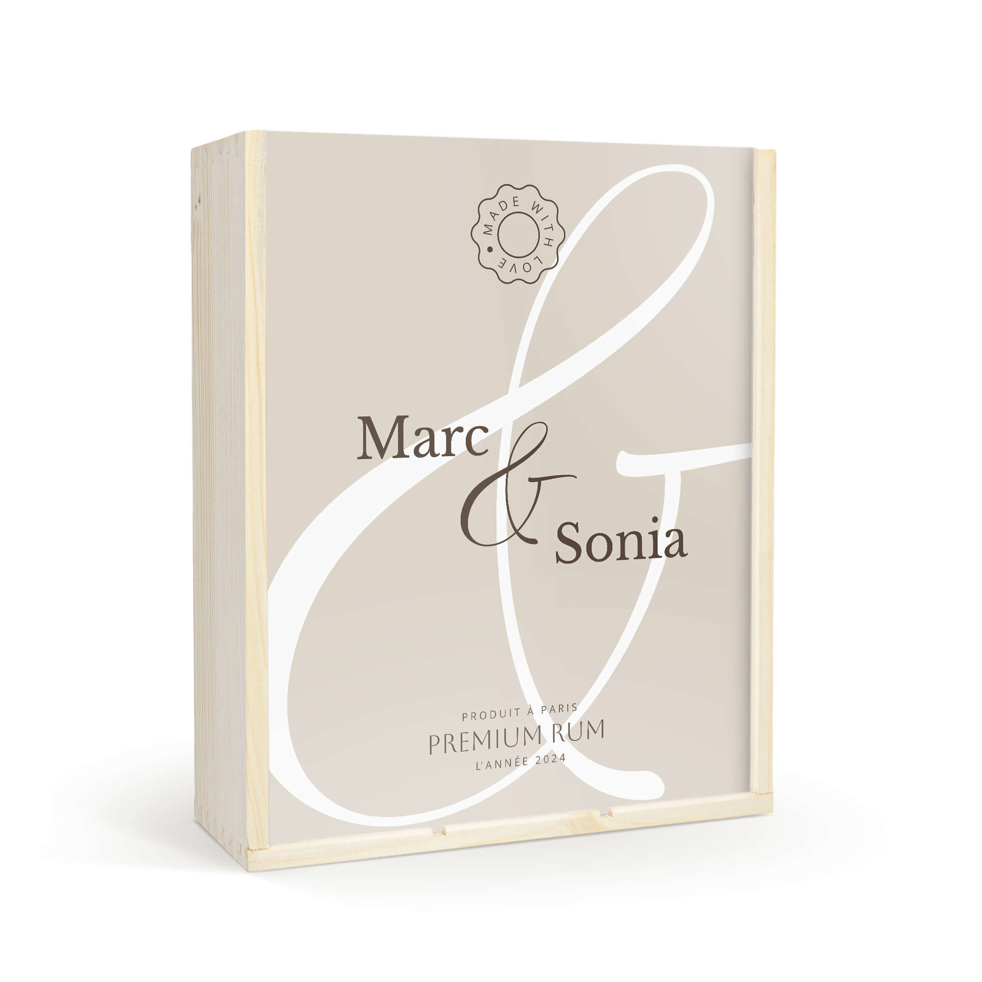 Caisse à vin en bois personnalisée pour trois bouteilles imprimée avec les noms Marc & Sonia