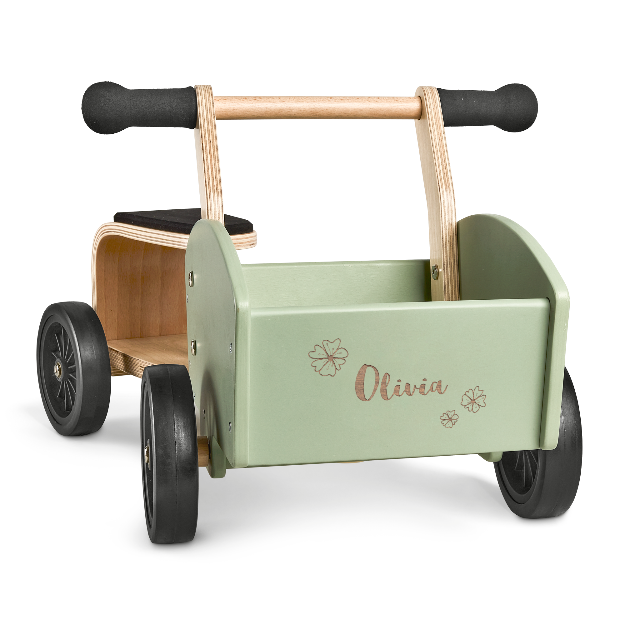 Végtelenül jól fog szórakozni ezzel a klassz, "Olivia" névvel gravírozott fa teherbiciklivel, virágmintával díszítve.