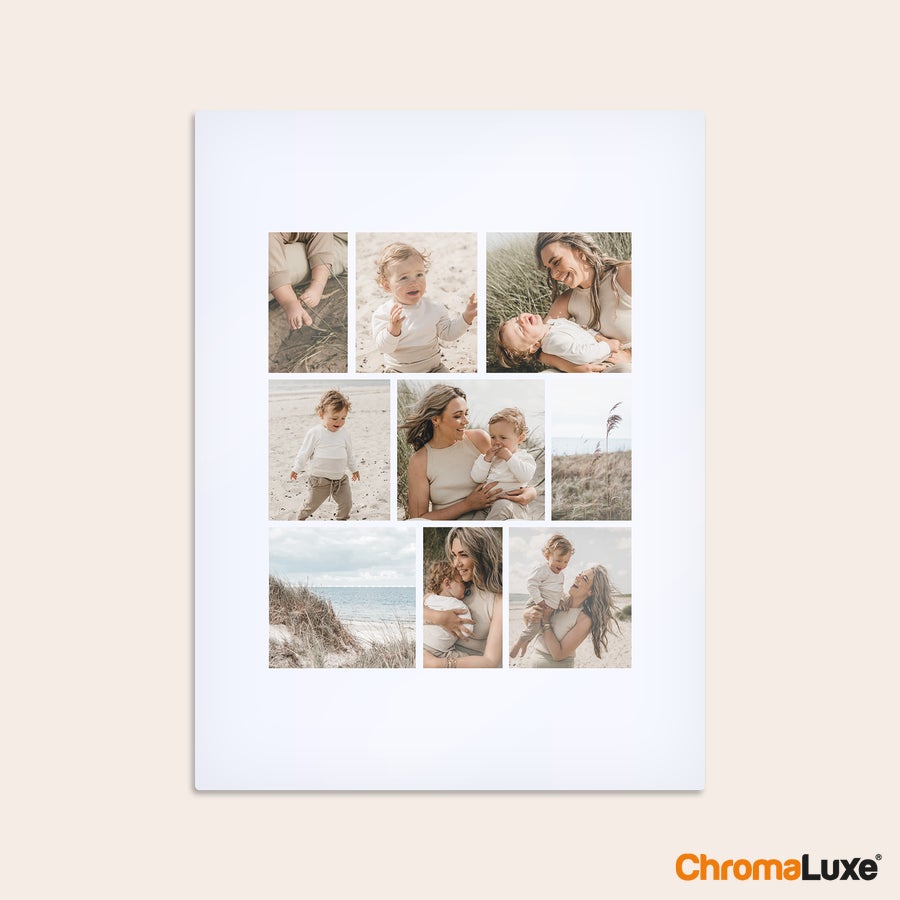 Foto collage op aluminium Een aluminium Instacollage met negen gepersonaliseerde foto's van moeder en kind, geprint in hoge kwaliteit voor aan de muur.