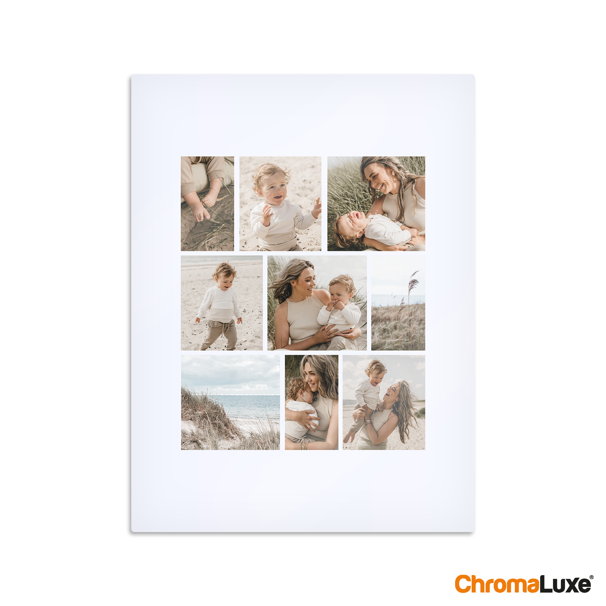 Personlig Instagram-fotocollage i aluminium med ni tilpassede bilder av mor og barn på stranden.