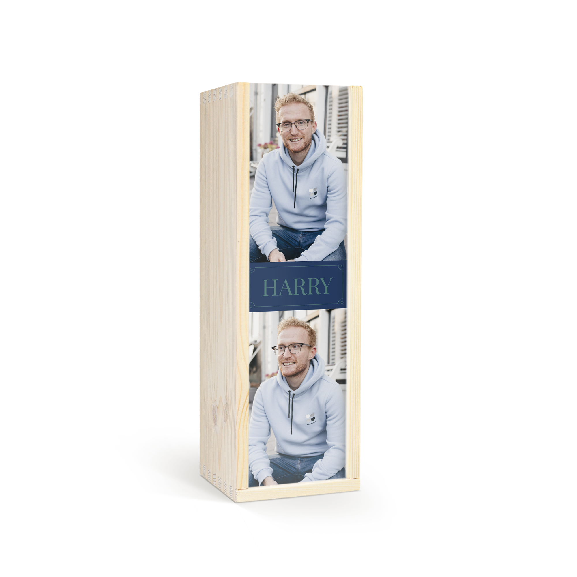 A personalised printed case with Jack Daniels Honey whiskey featuring two photos of a man and the name HARRY