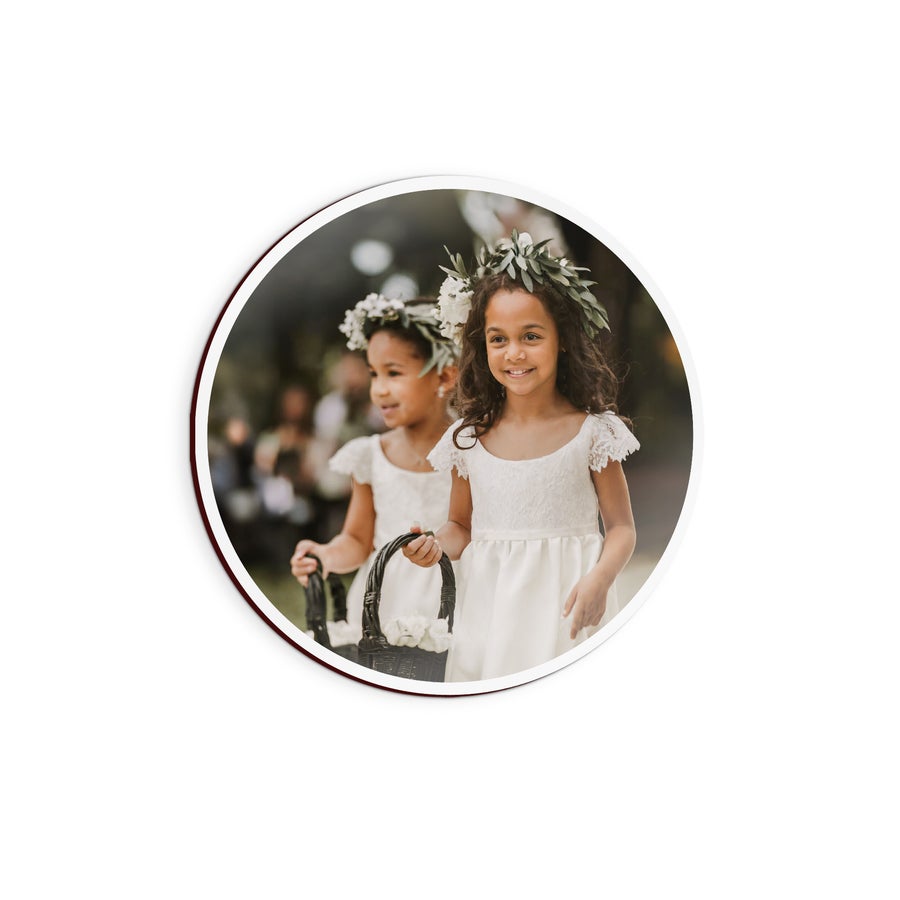Personalised wall art panels Round wooden wall art panel printed with two flower girls from a wedding photo to decorate your wall with your design