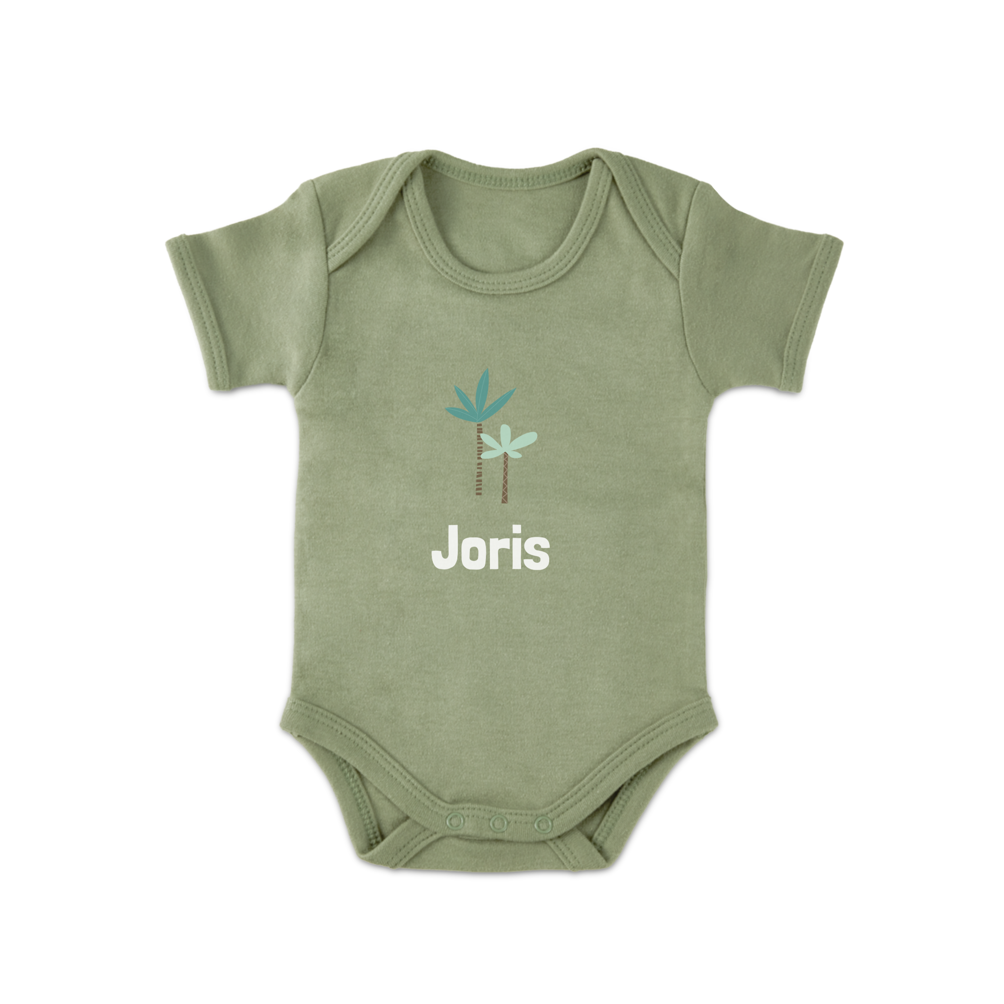 Grüner Babybody bedruckt mit dem Namen Joris und einem Palmen-Design, um einen originellen Babybody zu gestalten.