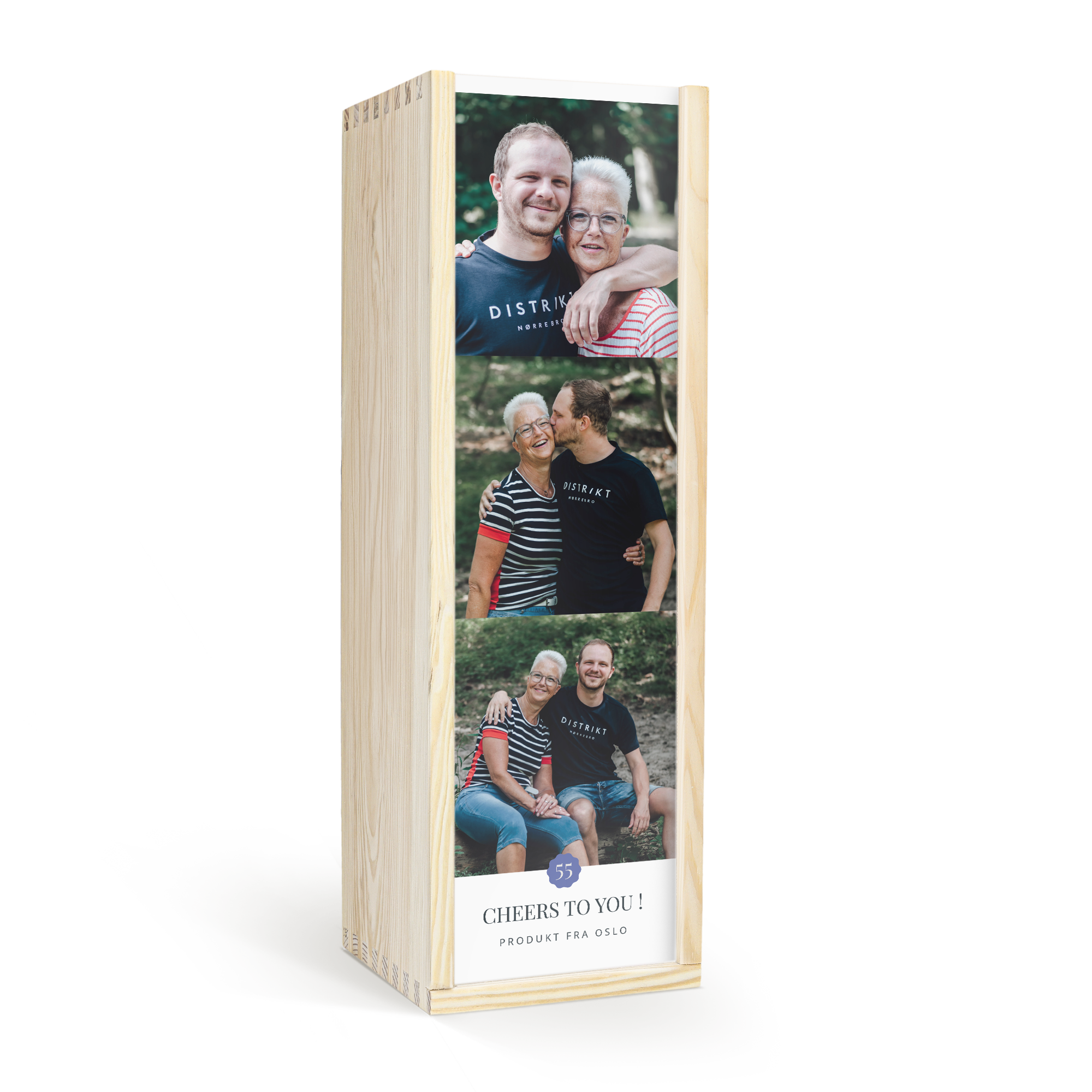 FSC-märkt trälåda med fototryck av ett par och texten CHEERS TO YOU. Ge bort en flaska med personlig låda tryckt med ditt foto.