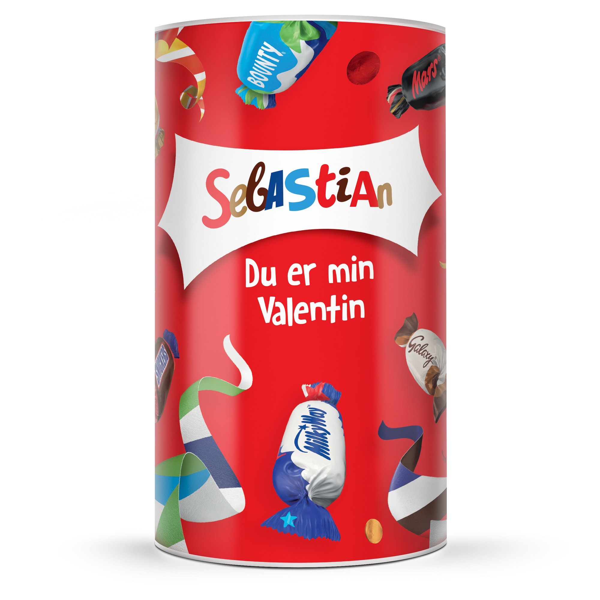 Personlig Celebrations rør med navnet Sebastian og teksten Du er min Valentin, trykt på et rødt design.