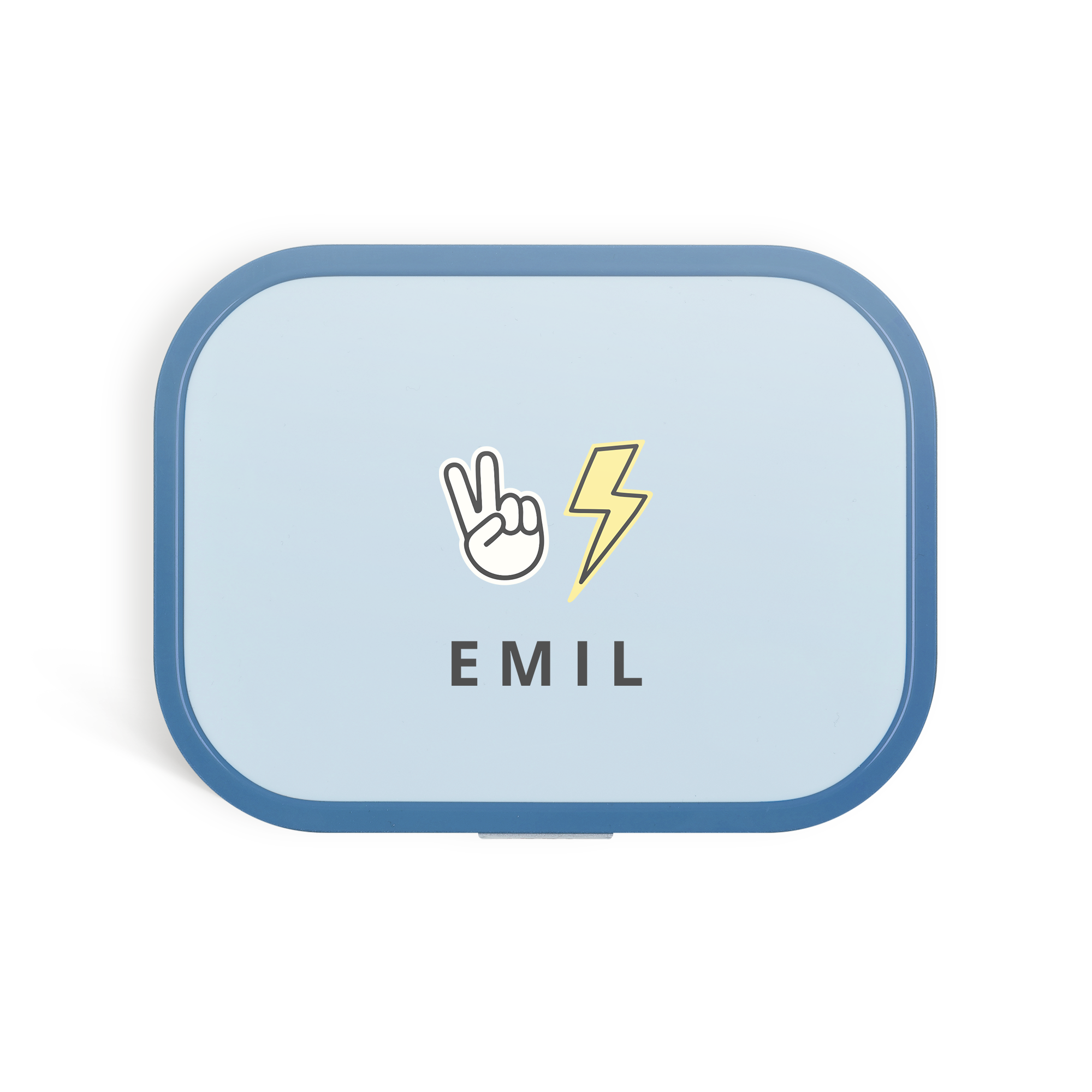 Blaue personalisierte Mepal Brotdose mit "Emil" als Namen, einem Peace-Zeichen und einem Blitz Symbol im Farbdruck. Mit ihrem Namen schmeckt’s gleich noch besser.