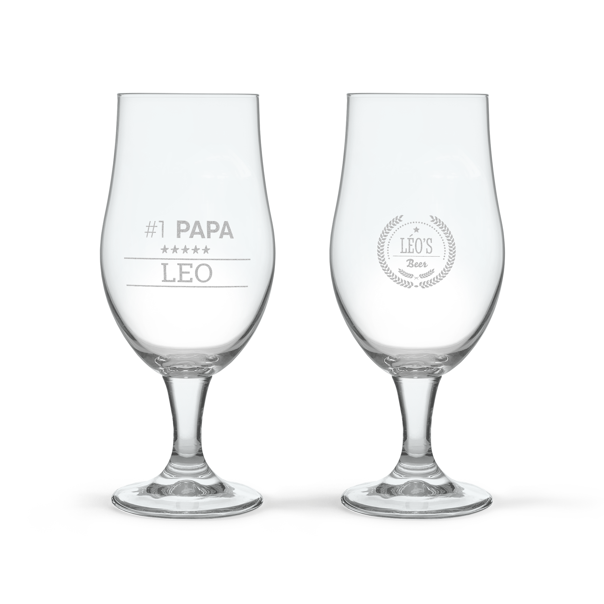 Deux verres à bière personnalisés gravés. Un verre avec #1 Papa et Leo, l'autre avec Leo's Beer.