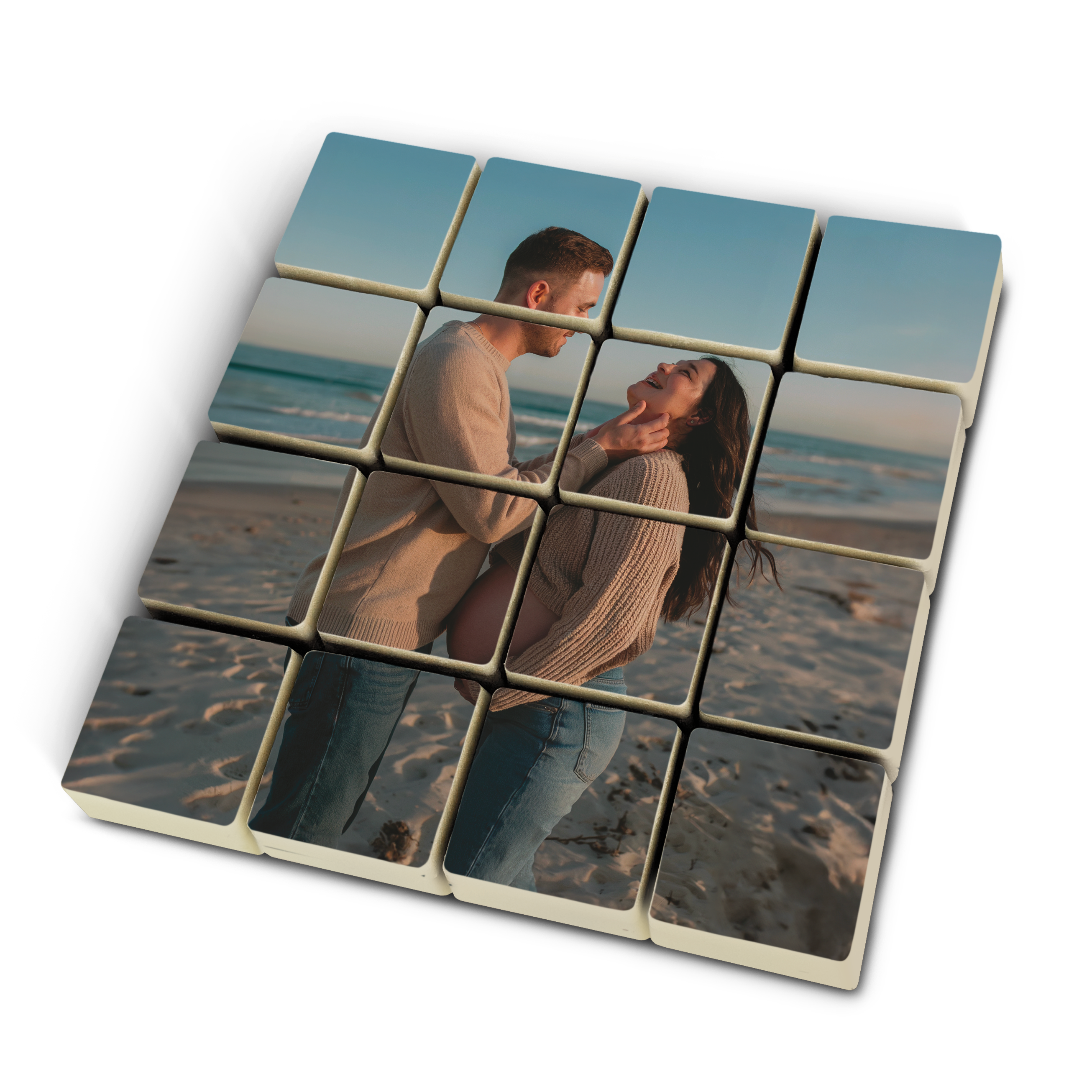A loving couple on a beach printed on a set of personalized chocolates. Your favourite photo, printed on a set of chocolates.