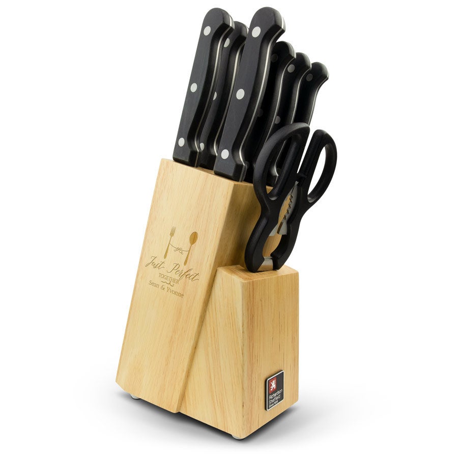 Bloc de cuțite din lemn (inclusiv set de cuțite) - Gravare la stânga