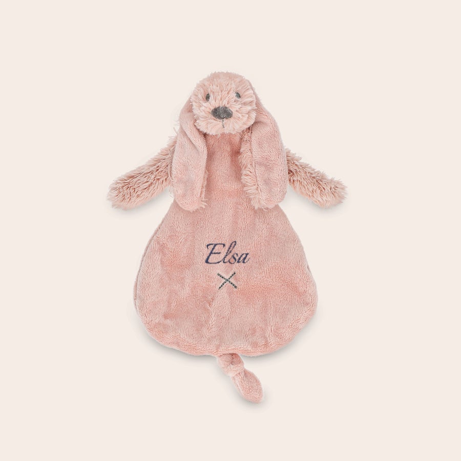 Schmusetuch Personalisiert Rosa Kaninchen-Schnuffeltuch mit dem Namen Elsa und einem Kreuz bestickt, ideal zum Kuscheln