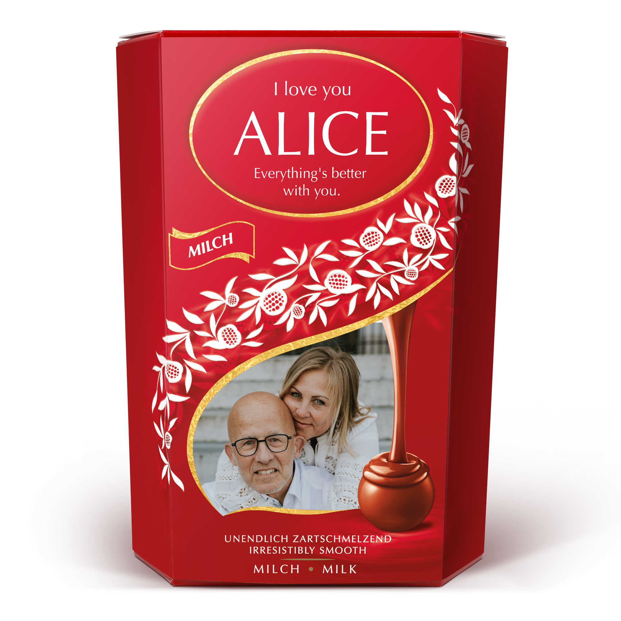 Red Lindt Chocolate Gift Box personalized with a photo of a couple and a message to Alice